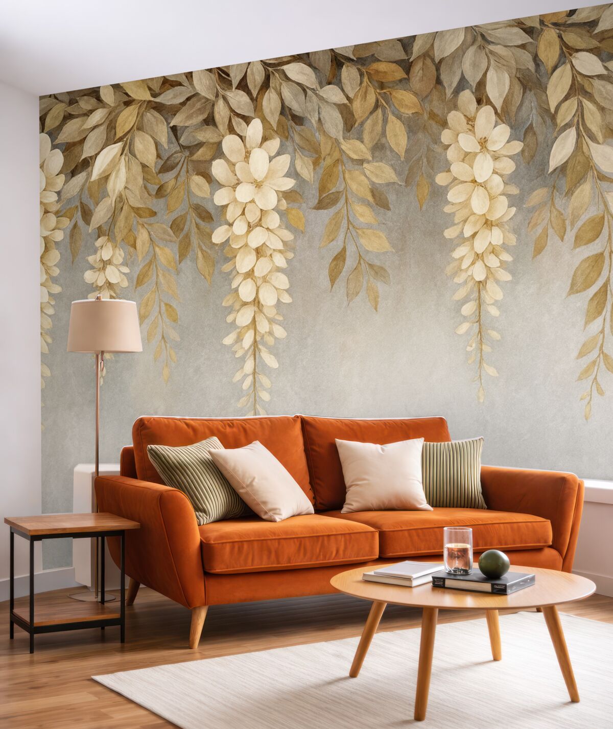 Fototapeta Kruche białe oraz jasnobeżowe kwiaty glicynii z liśćmi opadającymi kaskadowo w dół na delikatnym szarym tle.