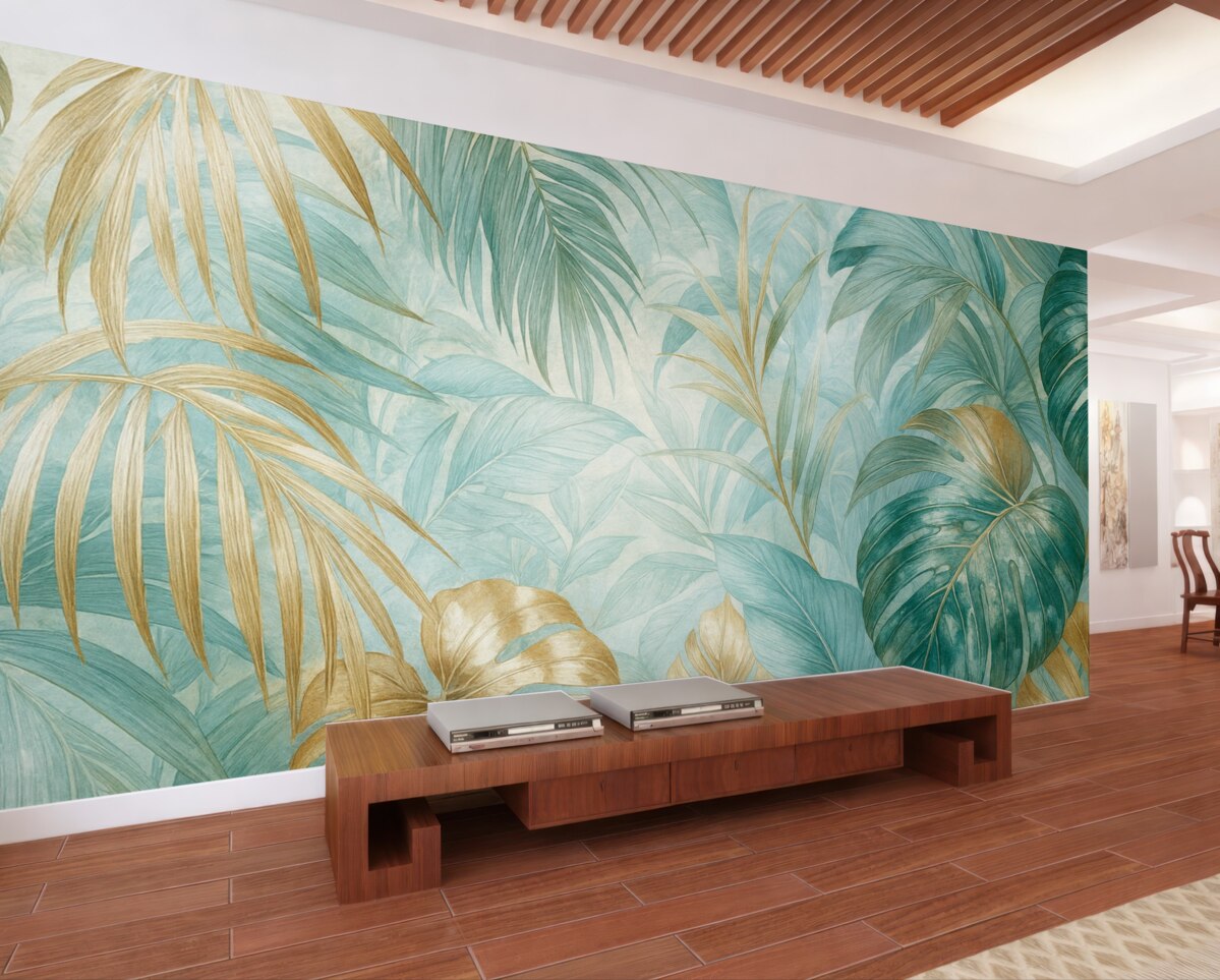 Fototapeta Tropikalny abstrakcyjny wzór kwiatowy z dużymi liśćmi palmowymi w tonacjach niebieskiego i beżu wytwarza lush atmosferę.