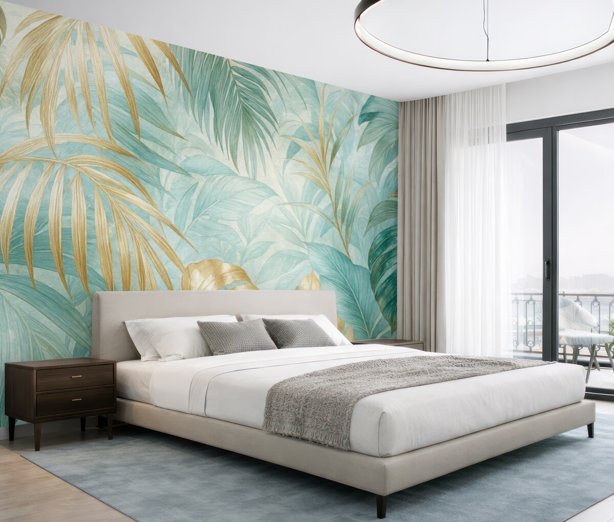 Fototapeta Tropikalny abstrakcyjny wzór kwiatowy z dużymi liśćmi palmowymi w tonacjach niebieskiego i beżu wytwarza lush atmosferę.