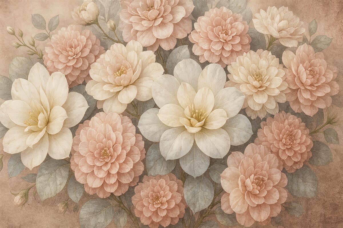 Fototapeta Delikatny, fakturowany nadruk z brzoskwiniowymi i białymi kwiatami piwonii oraz zielonymi liśćmi na jasnobeżowym tle.