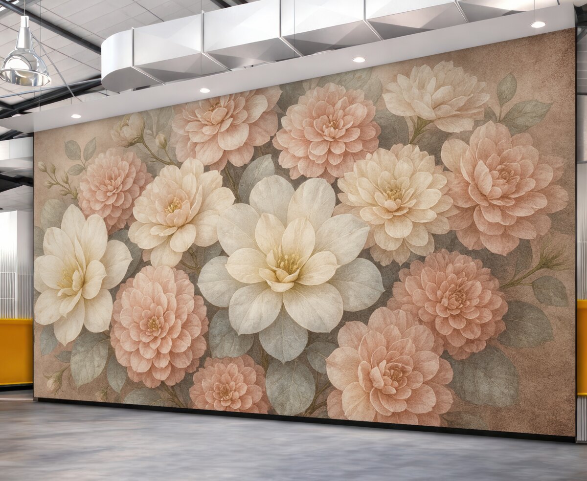 Fototapeta Delikatny, fakturowany nadruk z brzoskwiniowymi i białymi kwiatami piwonii oraz zielonymi liśćmi na jasnobeżowym tle.