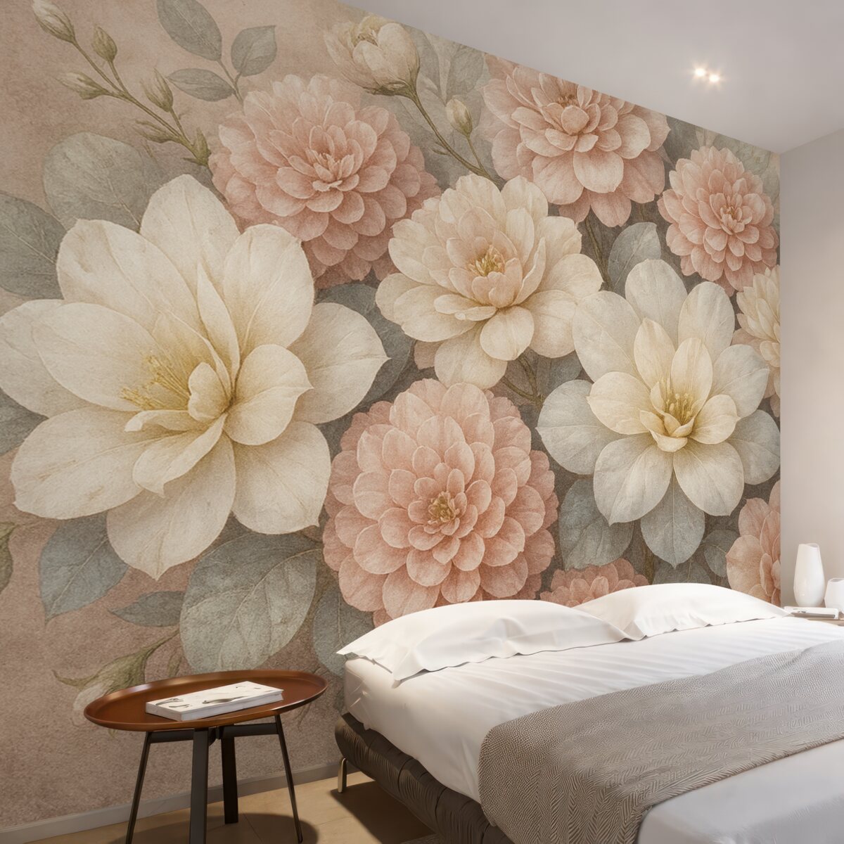 Fototapeta Delikatny, fakturowany nadruk z brzoskwiniowymi i białymi kwiatami piwonii oraz zielonymi liśćmi na jasnobeżowym tle.