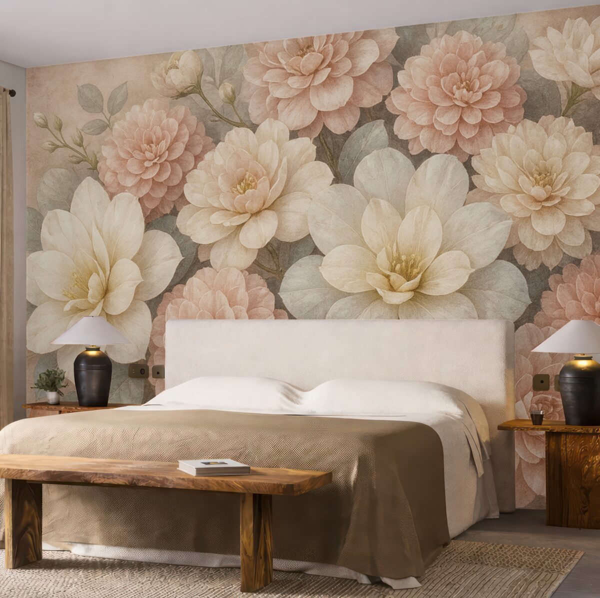 Fototapeta Delikatny, fakturowany nadruk z brzoskwiniowymi i białymi kwiatami piwonii oraz zielonymi liśćmi na jasnobeżowym tle.