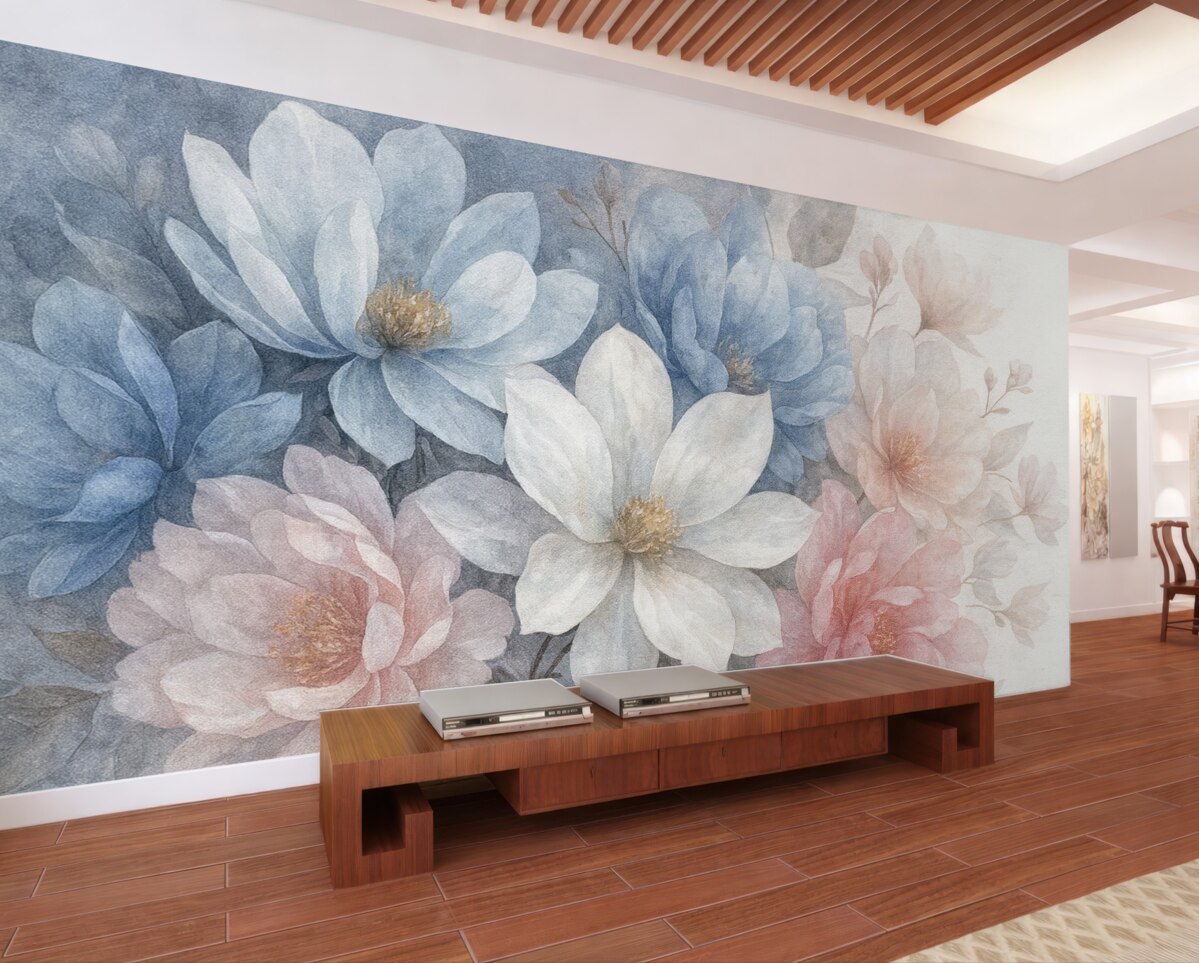 Fototapeta Miękka, pastelowa, teksturowana aranżacja kwiatowa z dużymi, subtelnymi kwiatami w tonacjach różu, błękitu i bieli.