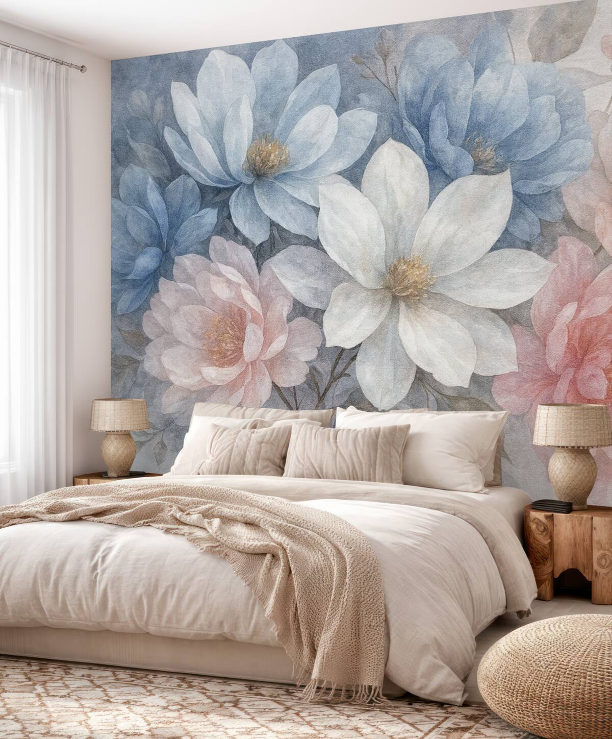 Fototapeta Miękka, pastelowa, teksturowana aranżacja kwiatowa z dużymi, subtelnymi kwiatami w tonacjach różu, błękitu i bieli.