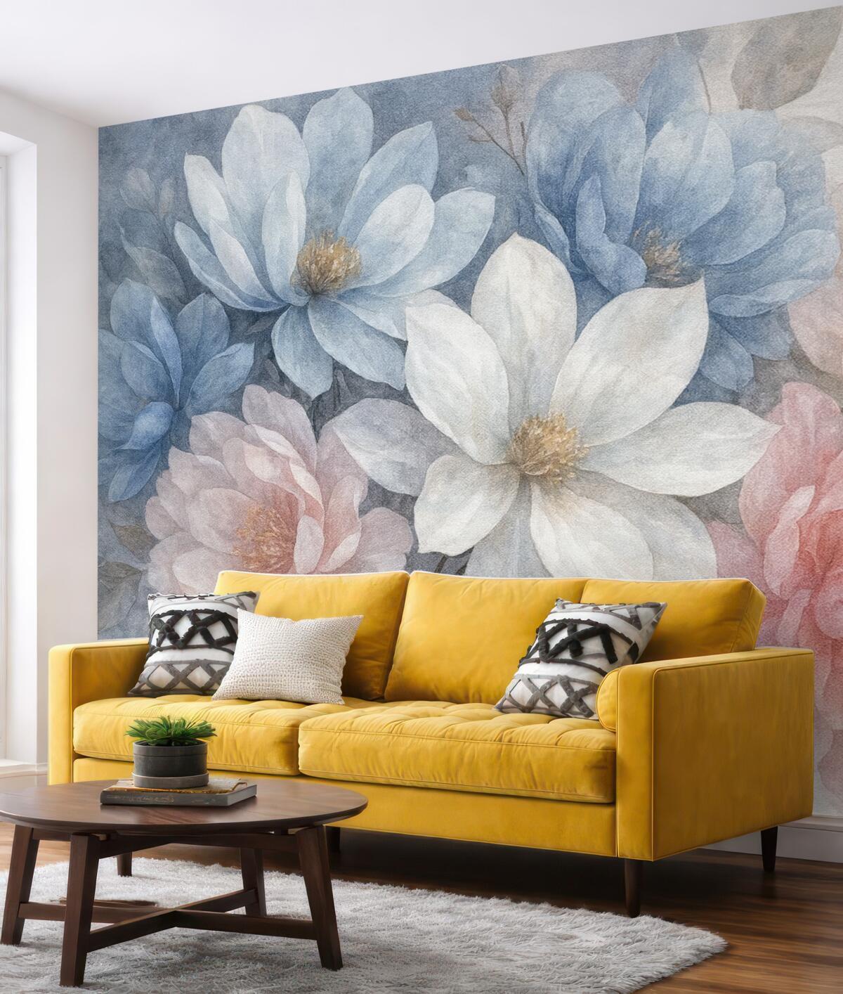 Fototapeta Miękka, pastelowa, teksturowana aranżacja kwiatowa z dużymi, subtelnymi kwiatami w tonacjach różu, błękitu i bieli.