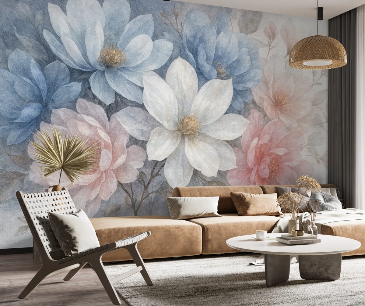 Fototapeta Miękka, pastelowa, teksturowana aranżacja kwiatowa z dużymi, subtelnymi kwiatami w tonacjach różu, błękitu i bieli.