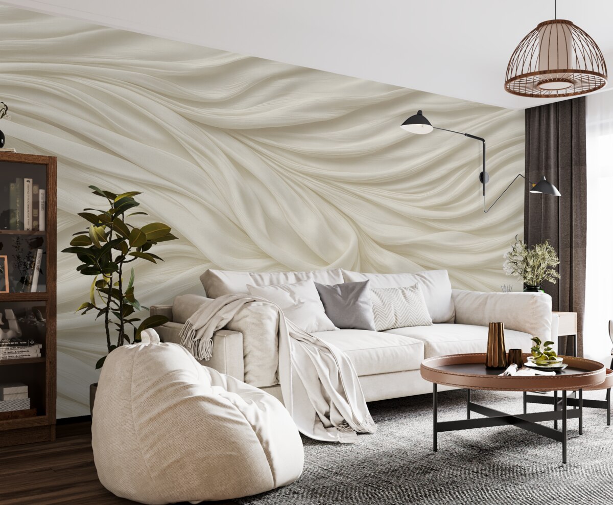 Fototapeta Nowoczesny nadruk naśladujący gładką, lejącą się białą tkaninę z delikatnymi, powiewającymi fałdami oraz zagnieceniami.