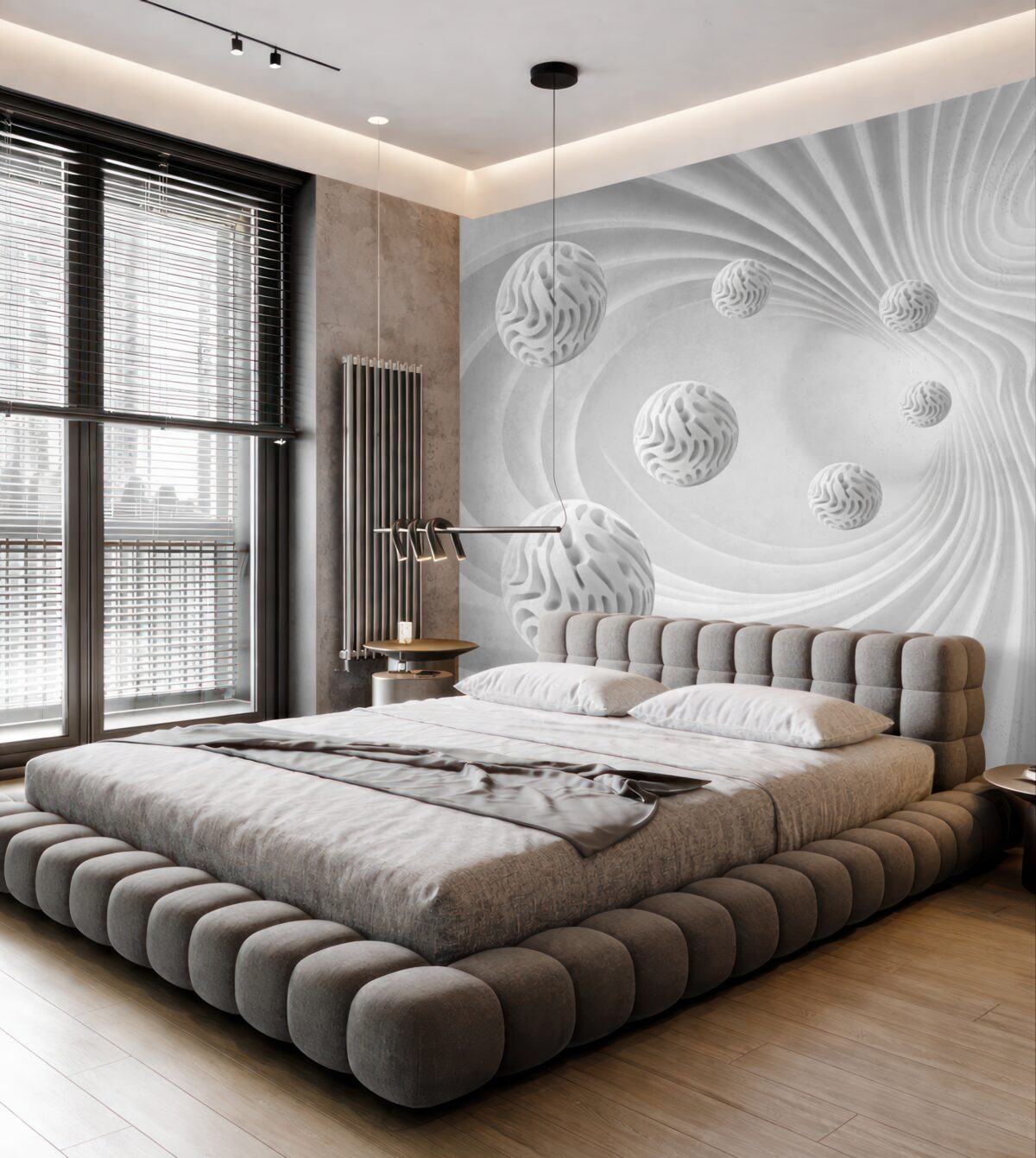 Fototapeta szara abstrakcja trójwymiarowa z kulami oraz efektem głębi