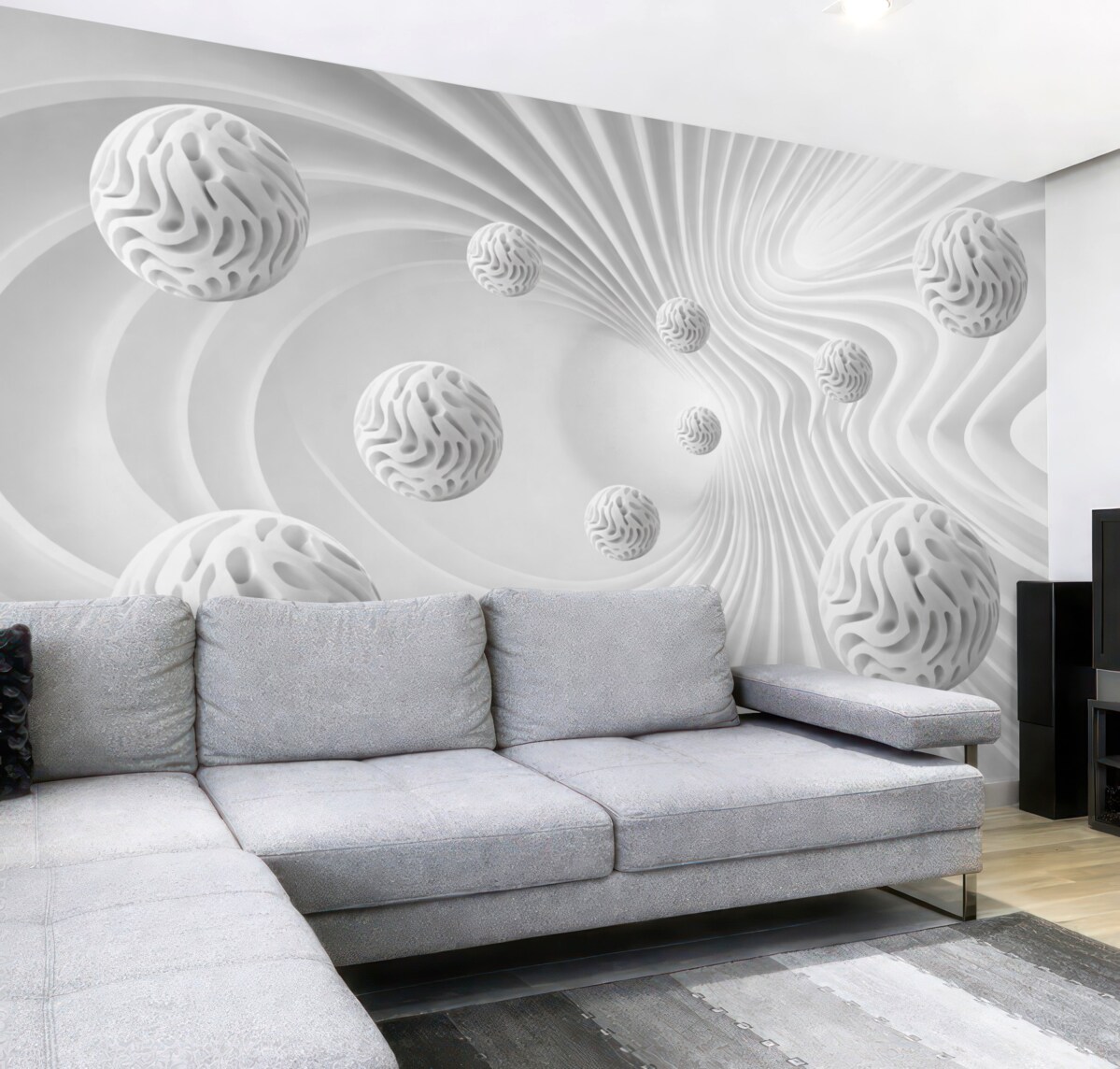 Fototapeta szara abstrakcja trójwymiarowa z kulami oraz efektem głębi