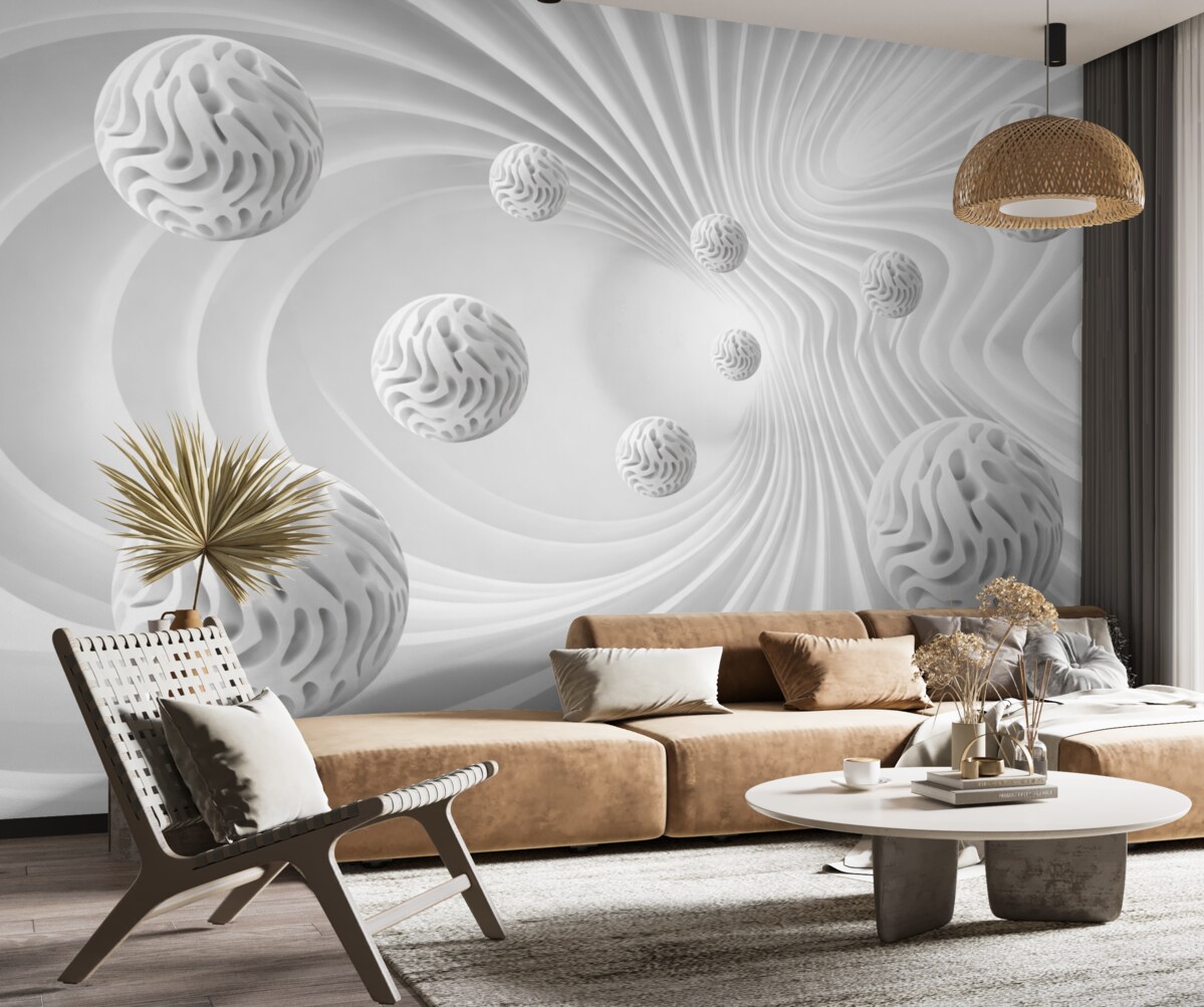 Fototapeta szara abstrakcja trójwymiarowa z kulami oraz efektem głębi