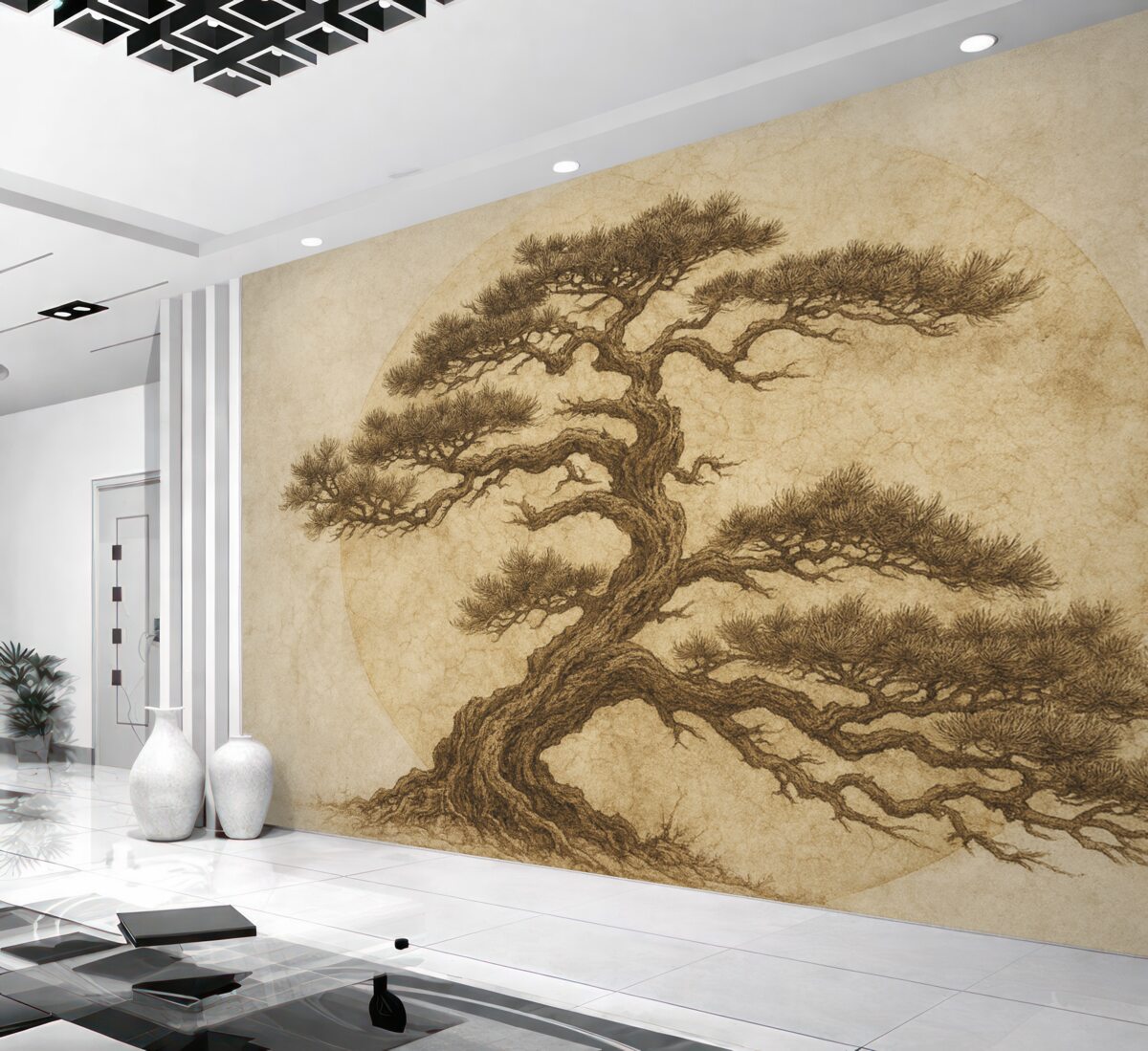 Fototapeta Japońskie drzewko bonsai oraz geometryczne tło grunge.