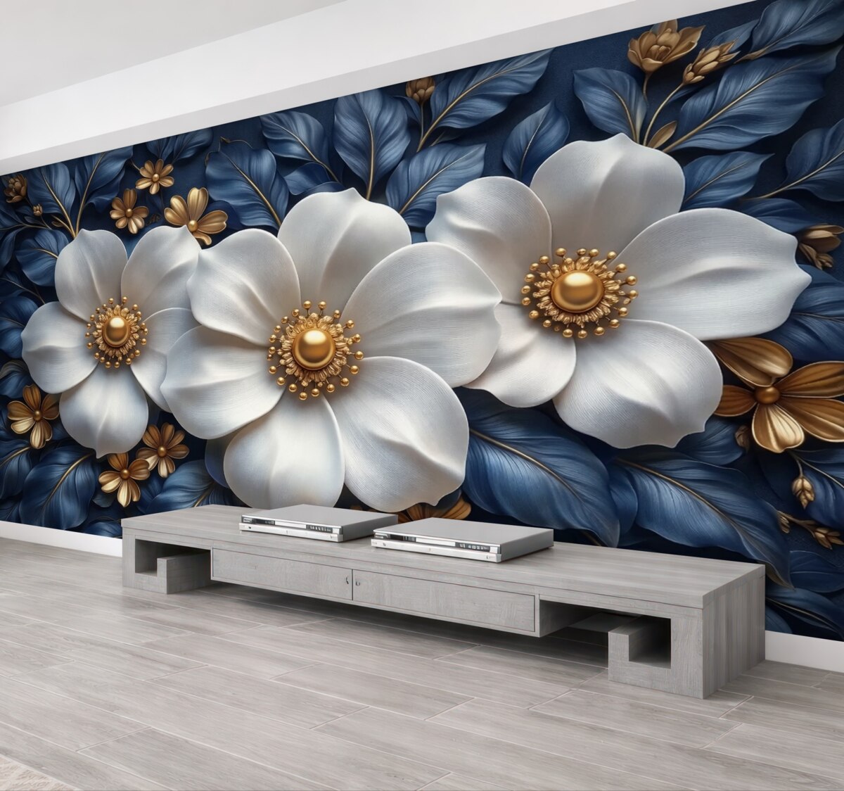 Fototapeta Wielkie białe kwiaty na stylowym niebieskim tle z zielenią.