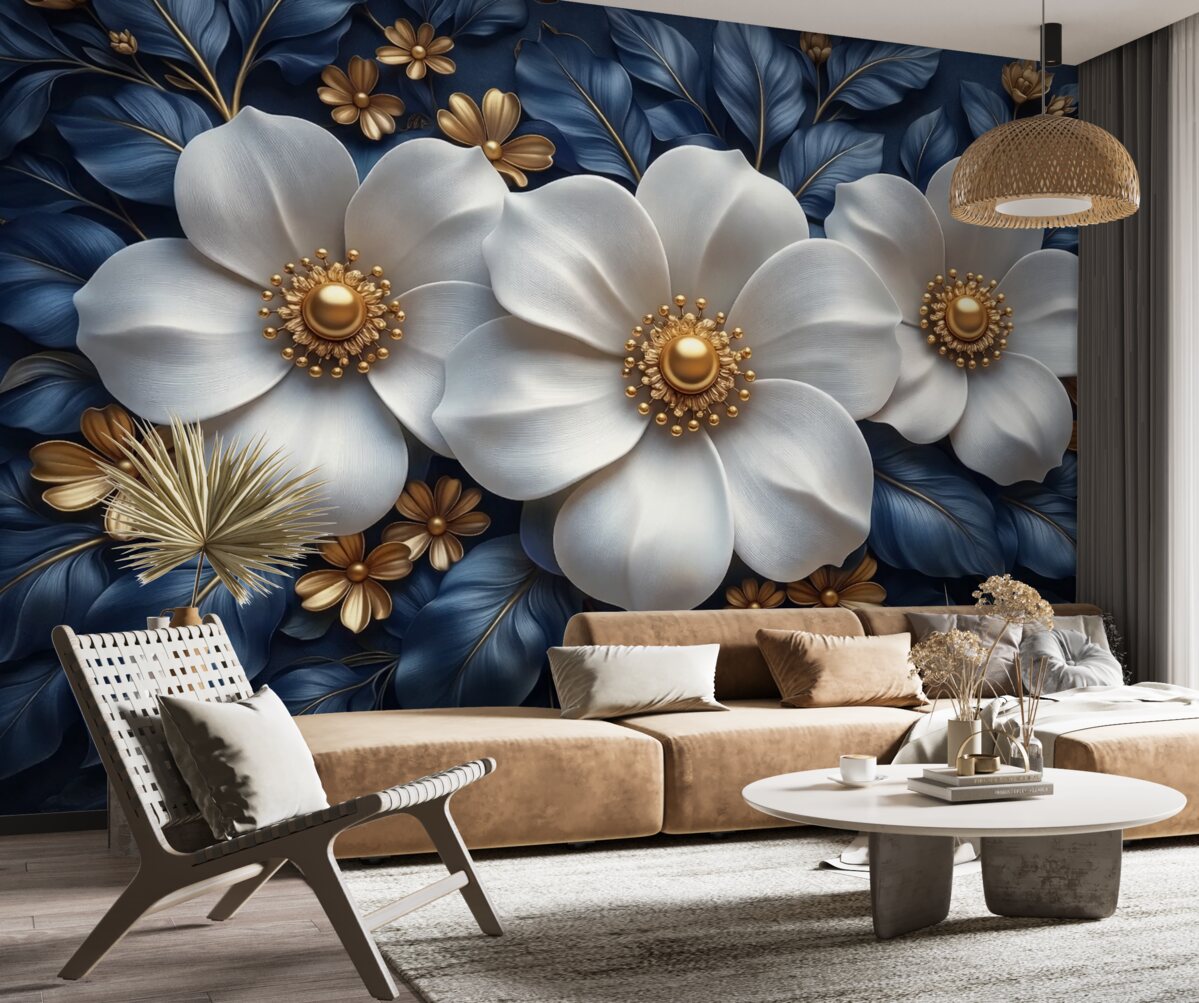 Fototapeta Wielkie białe kwiaty na stylowym niebieskim tle z zielenią.