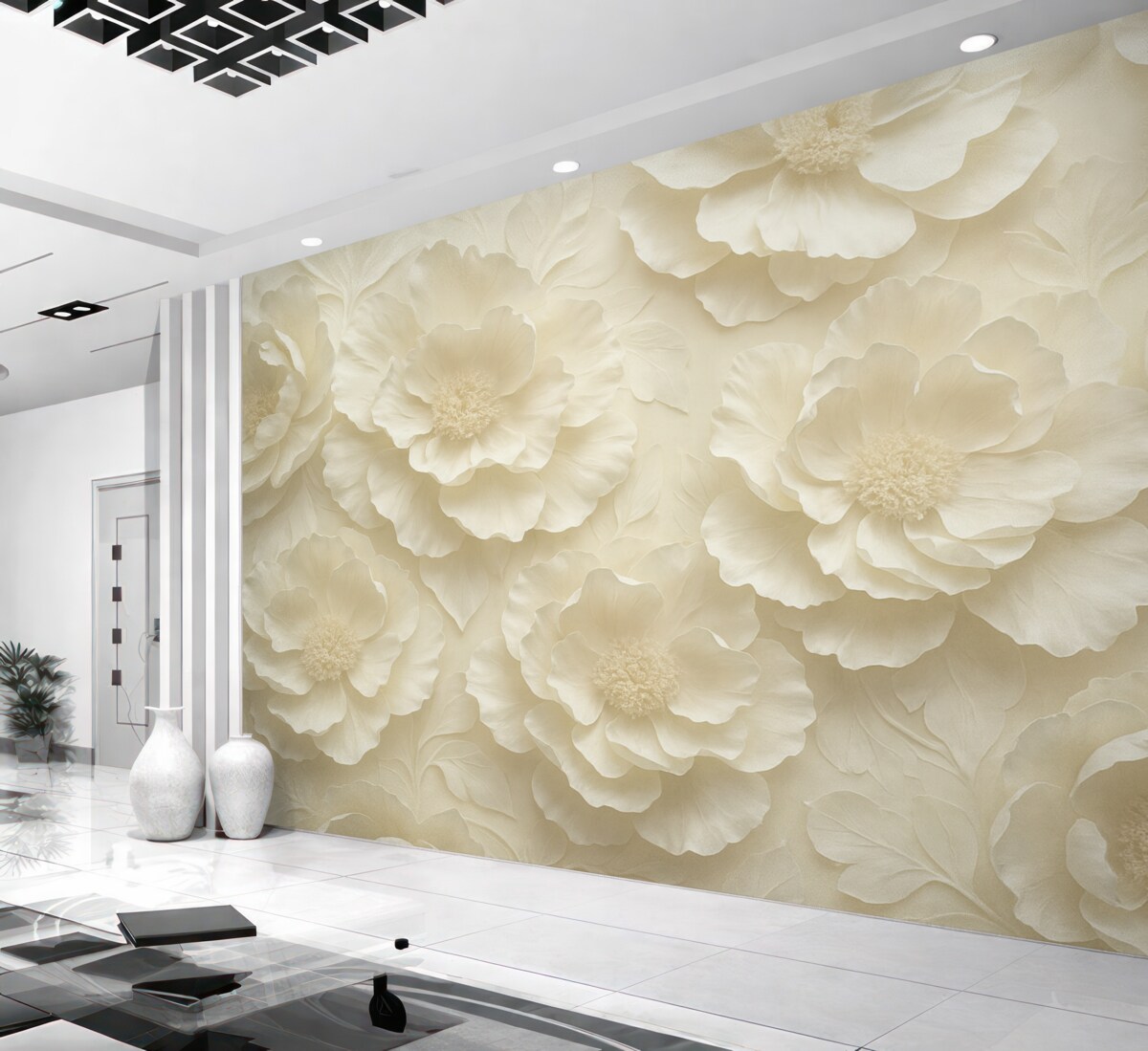 Fototapeta Lekkie kwiaty w ciepłych tonacjach na tle zieleni.