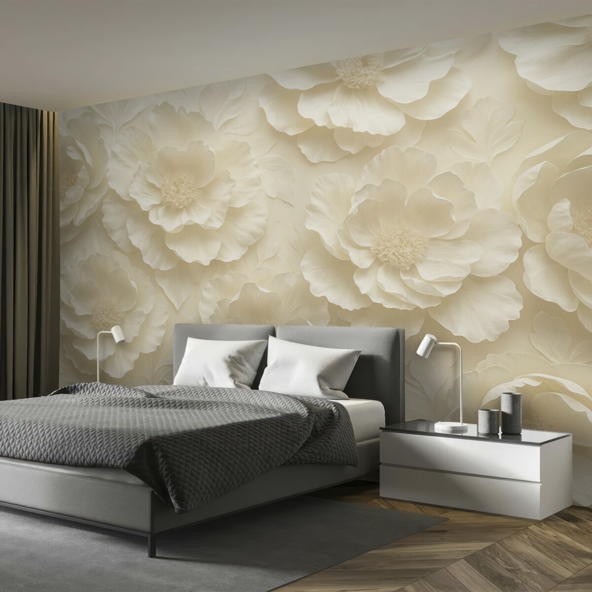 Fototapeta Lekkie kwiaty w ciepłych tonacjach na tle zieleni.