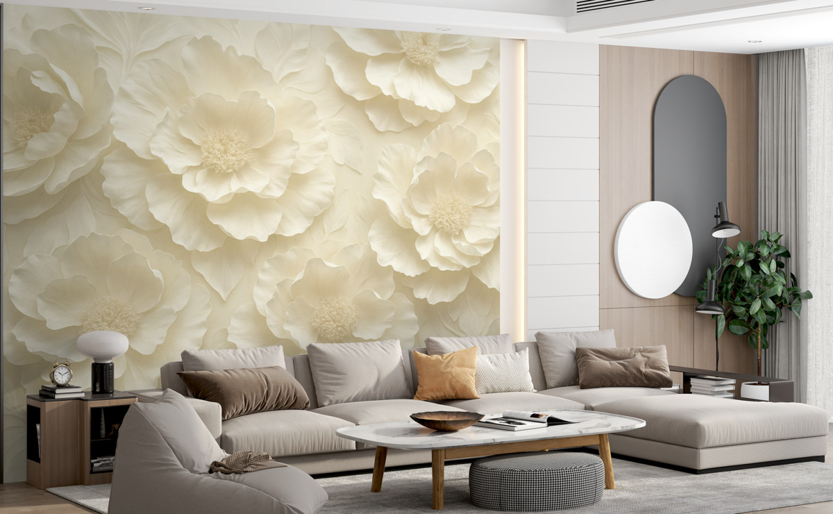 Fototapeta Lekkie kwiaty w ciepłych tonacjach na tle zieleni.