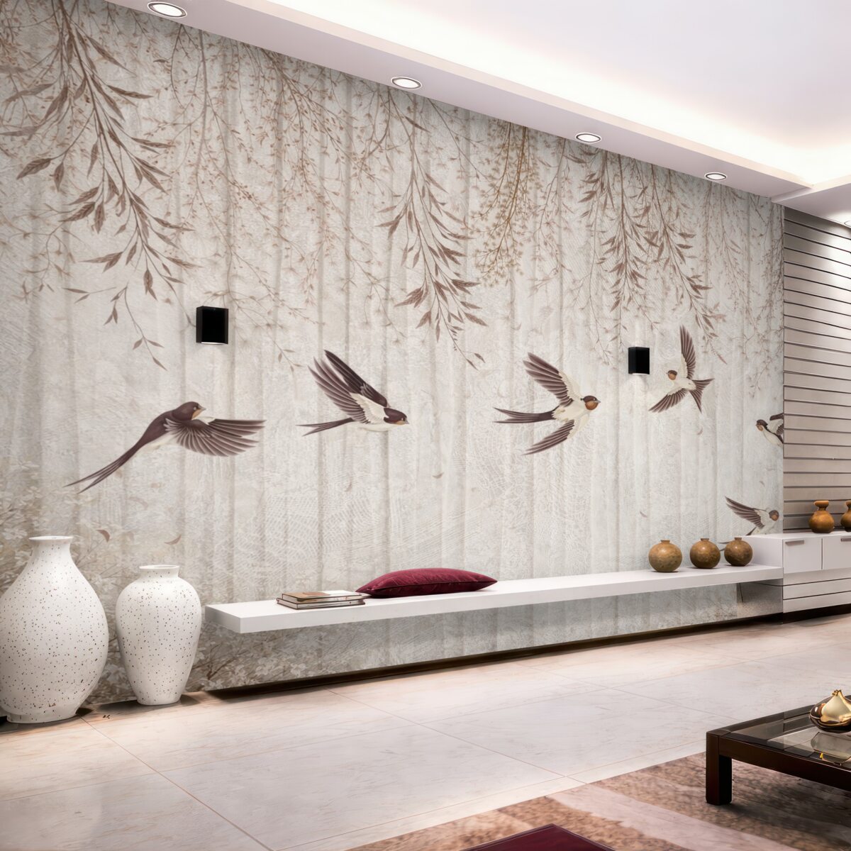 Fototapeta Ptaki w locie na wzorzystym tle z mlekami i kwiatami.