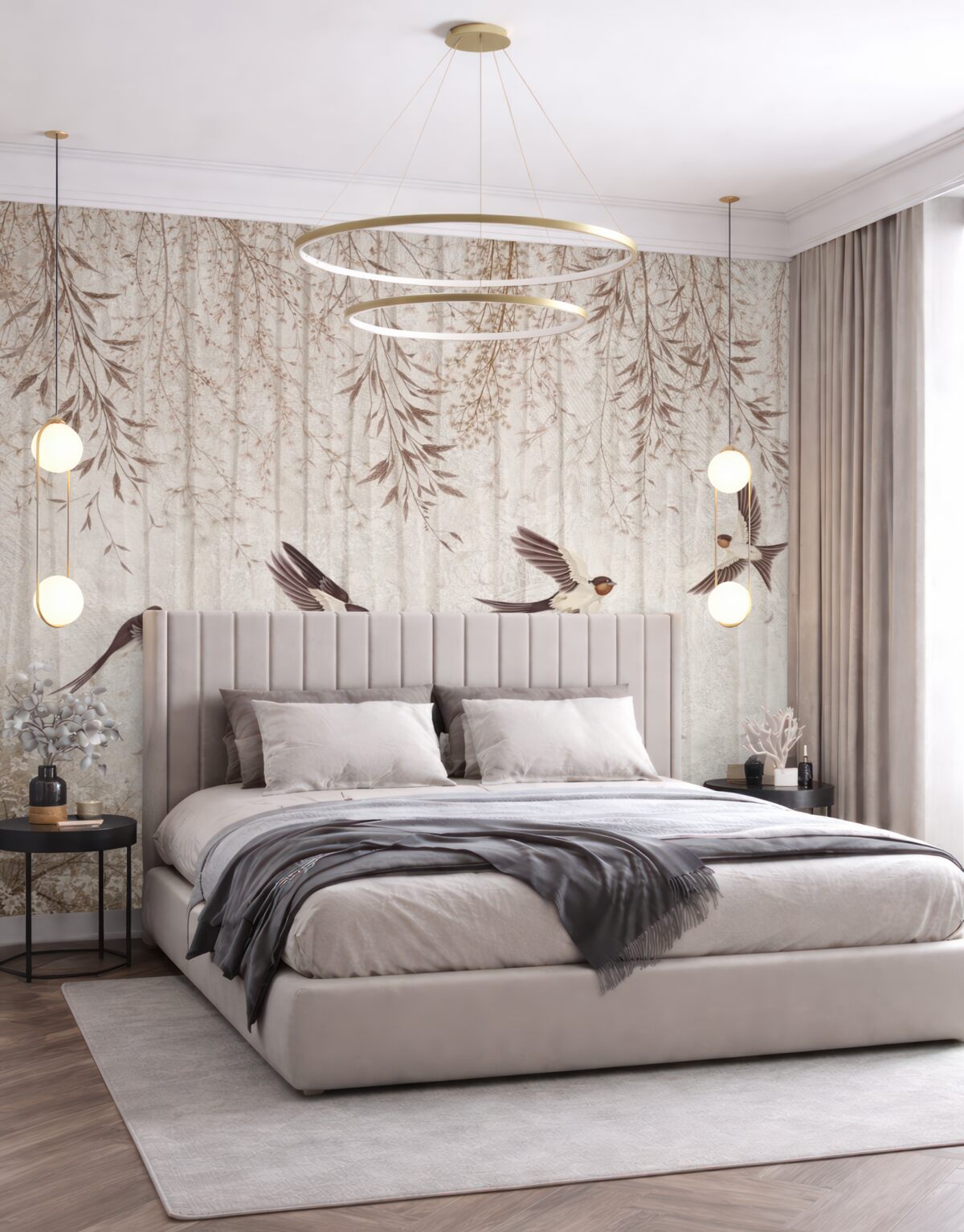 Fototapeta Ptaki w locie na wzorzystym tle z mlekami i kwiatami.