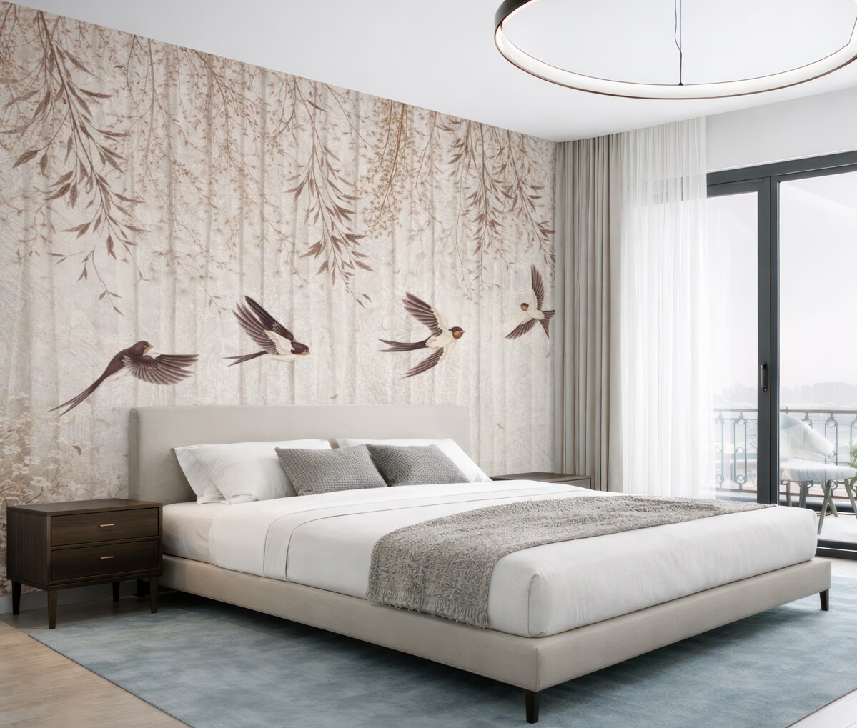 Fototapeta Ptaki w locie na wzorzystym tle z mlekami i kwiatami.