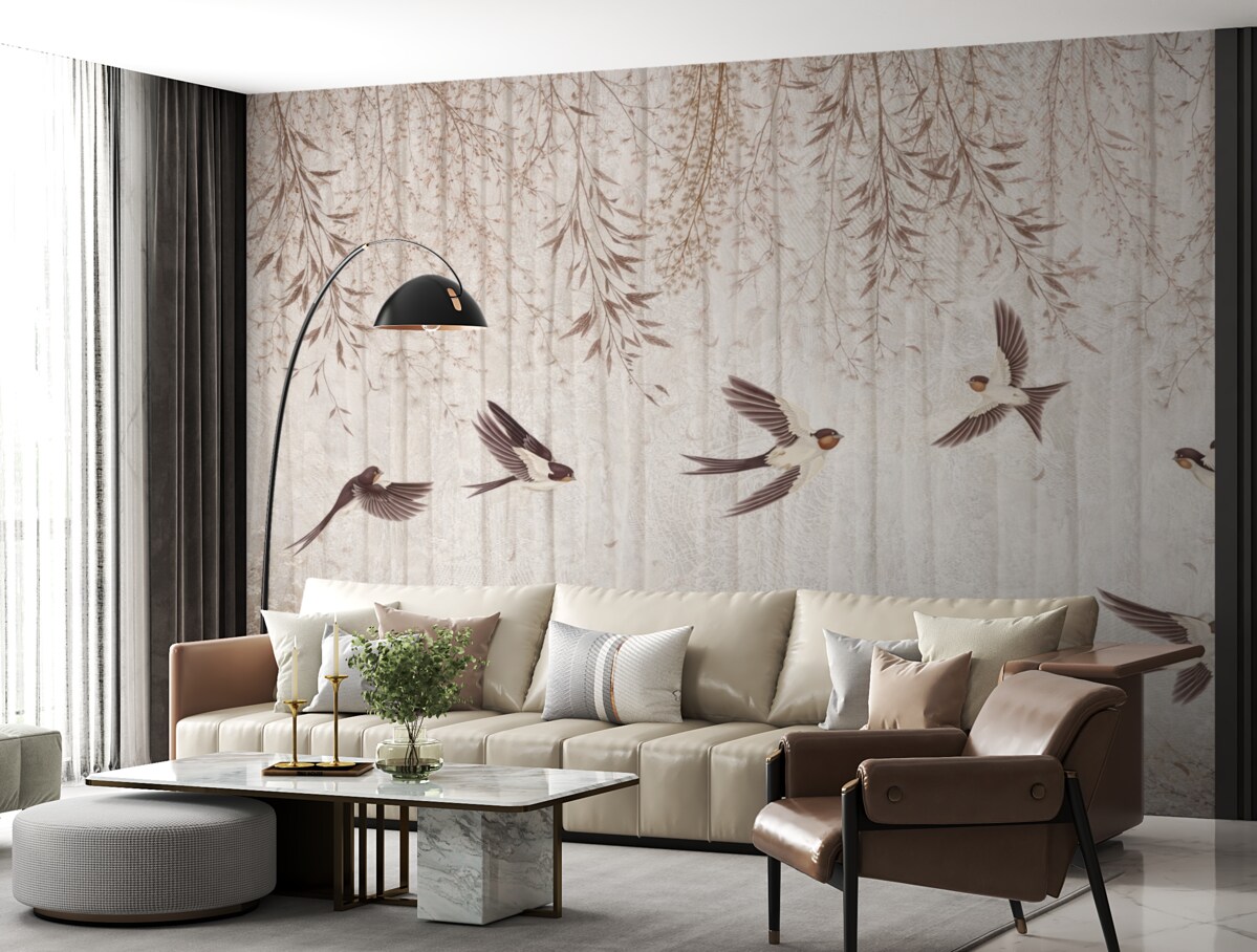 Fototapeta Ptaki w locie na wzorzystym tle z mlekami i kwiatami.