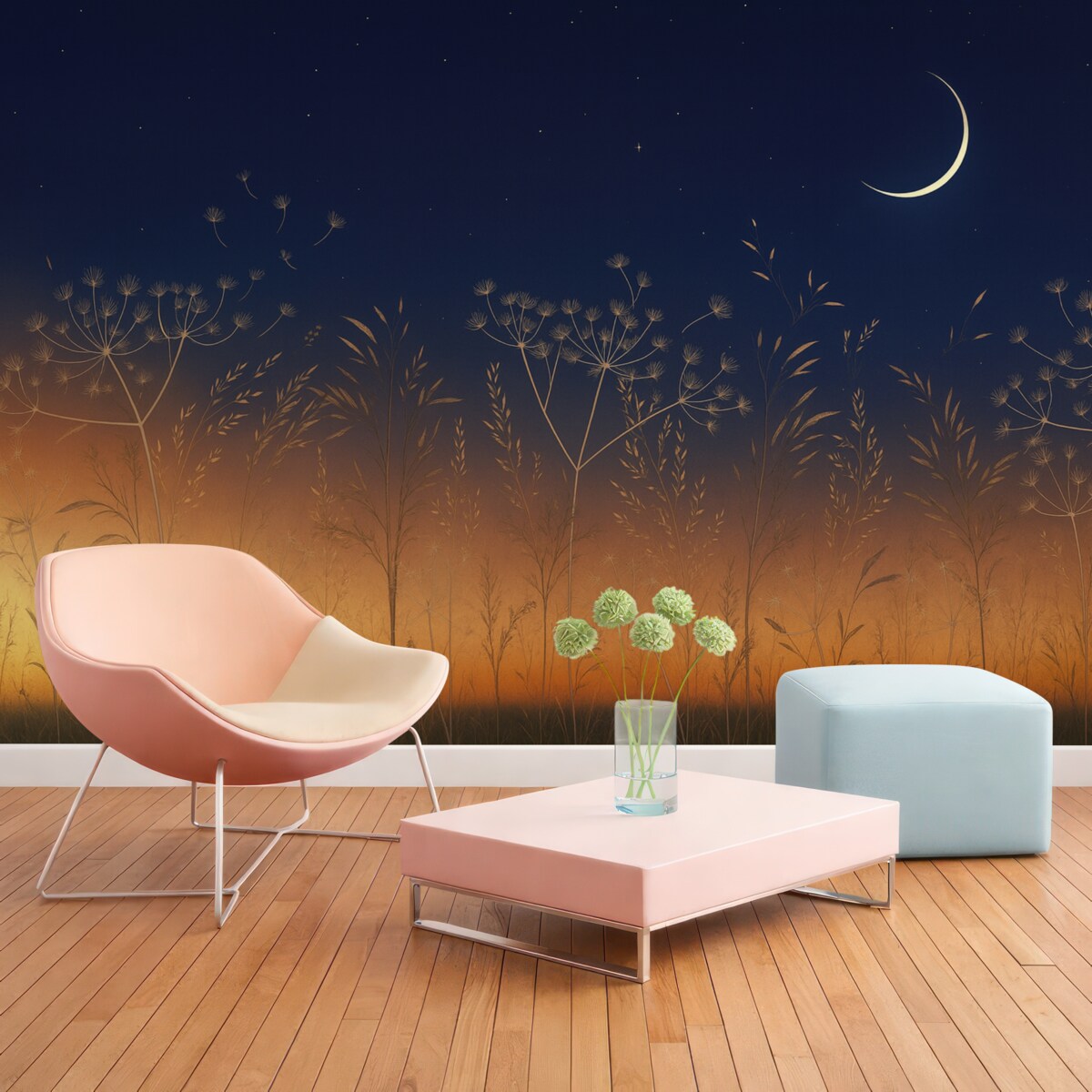 Fototapeta Mlecze z łąkowymi kwiatami na tle zachodu słońca z błękitnym niebem i miesiącem.