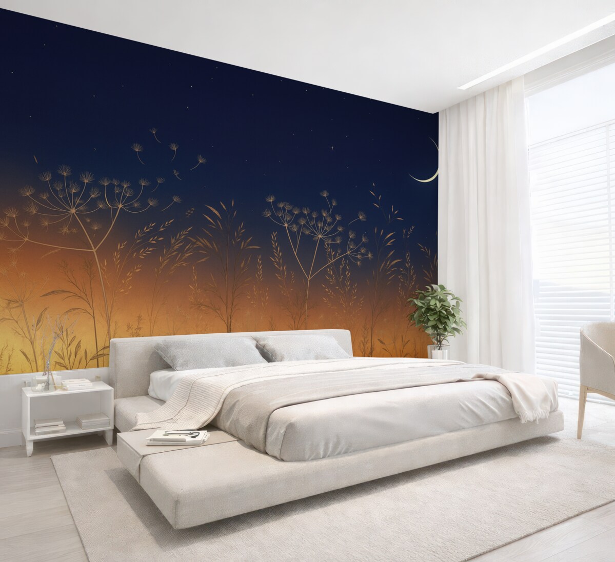 Fototapeta Mlecze z łąkowymi kwiatami na tle zachodu słońca z błękitnym niebem i miesiącem.