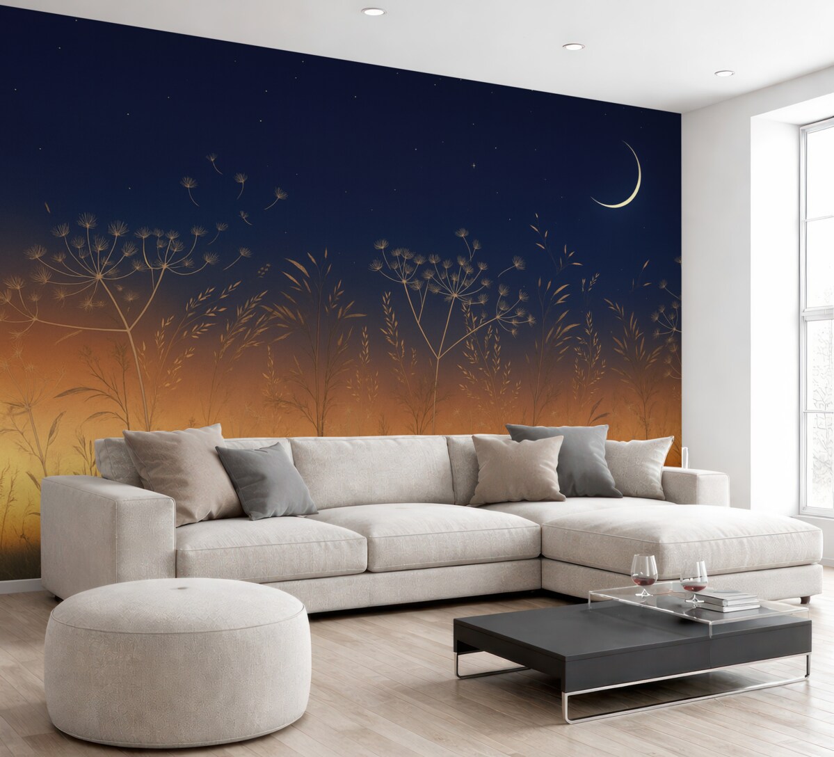 Fototapeta Mlecze z łąkowymi kwiatami na tle zachodu słońca z błękitnym niebem i miesiącem.