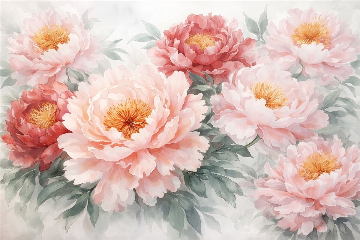 Fototapeta Wielkie, subtelne piwonie w stylu akwareli.