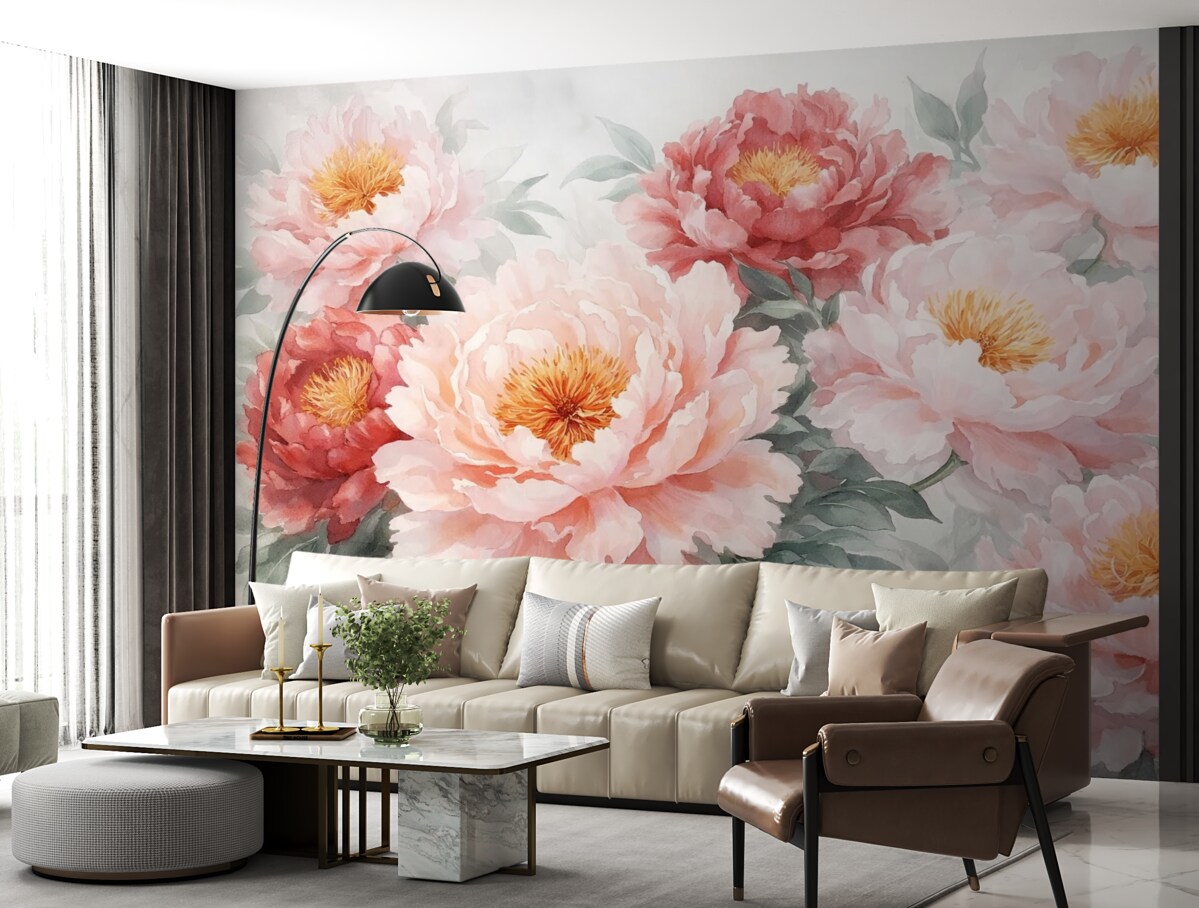 Fototapeta Wielkie, subtelne piwonie w stylu akwareli.