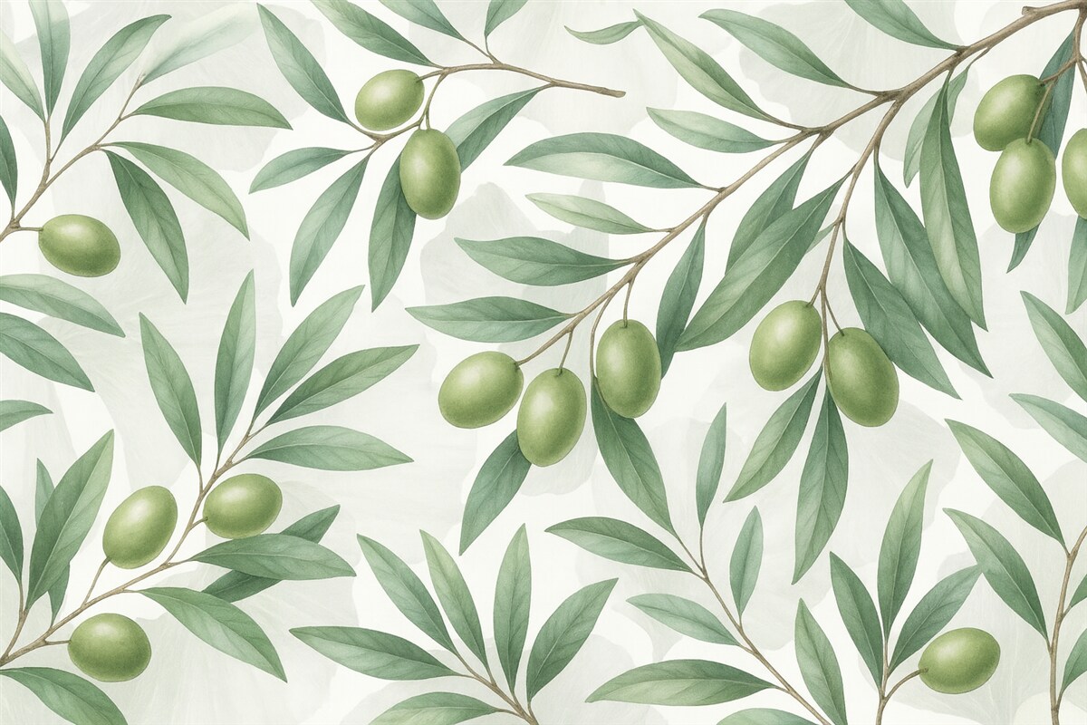 Fototapeta Gałązki oliwy z zielonymi liśćmi i owocami na jasnym tle.