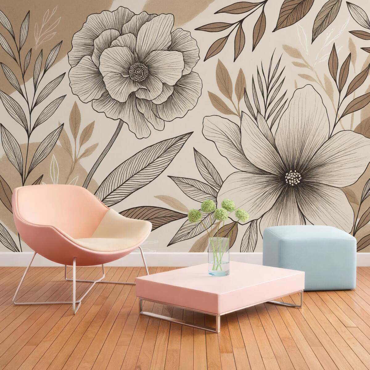 Fototapeta Duże czarno-białe kwiaty graficzne z dokładnymi liśćmi na beżowym abstrakcyjnym tle.