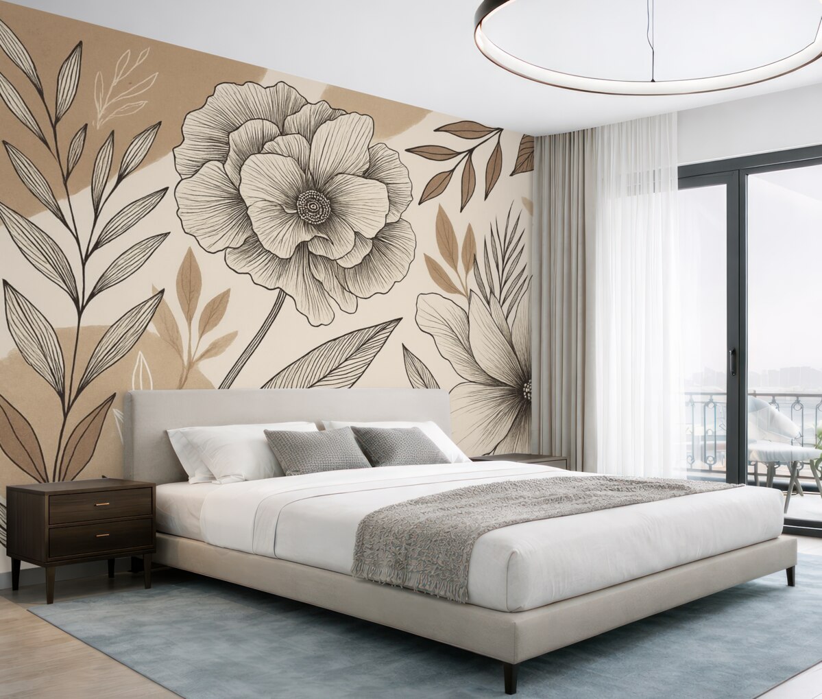 Fototapeta Duże czarno-białe kwiaty graficzne z dokładnymi liśćmi na beżowym abstrakcyjnym tle.