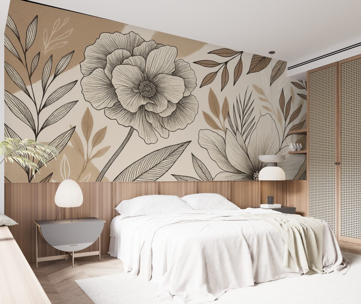 Fototapeta Duże czarno-białe kwiaty graficzne z dokładnymi liśćmi na beżowym abstrakcyjnym tle.