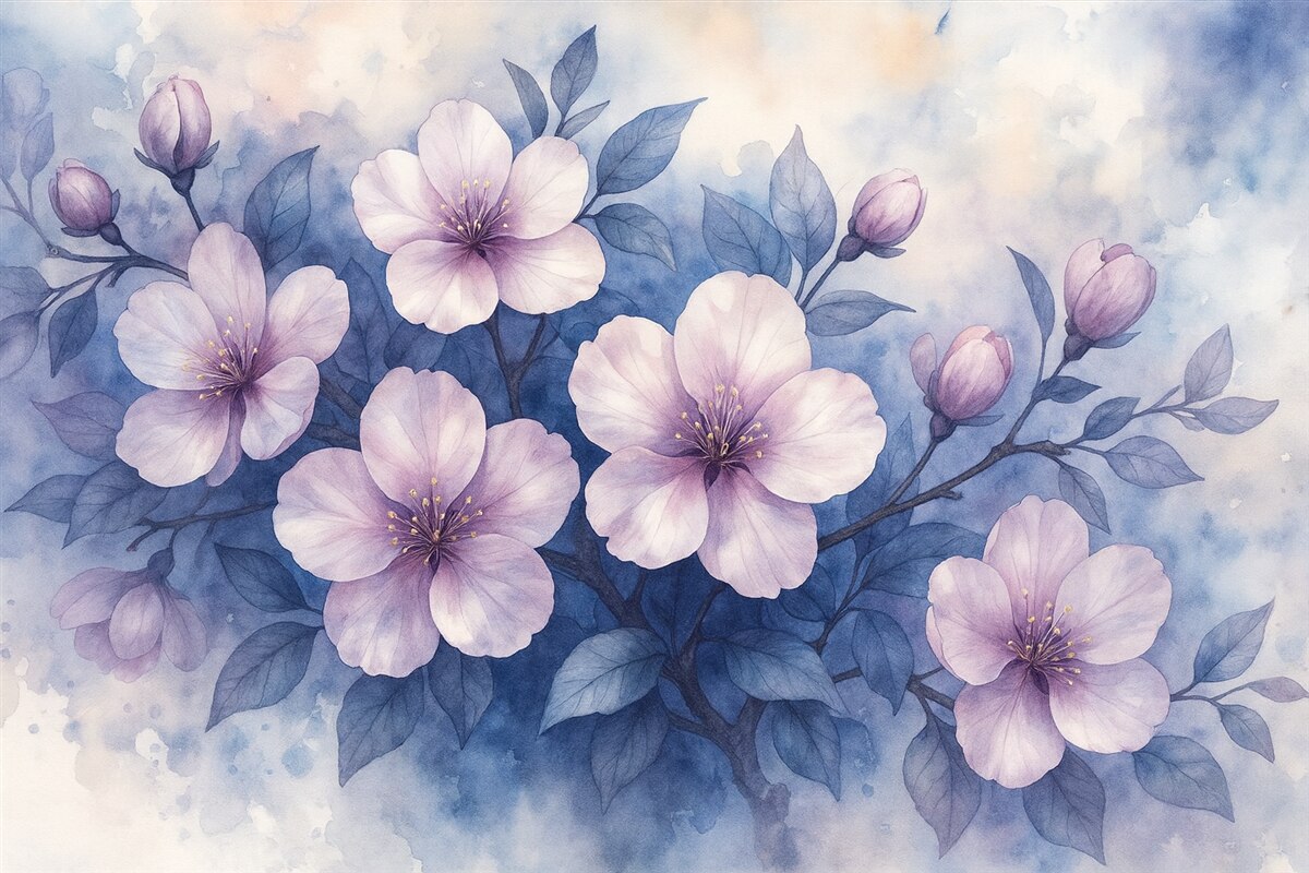 Fototapeta Subtelna akwarela przypominająca różowe i fioletowe kwiaty z gładkimi, zamglonymi płatkami na błękitnym tle.