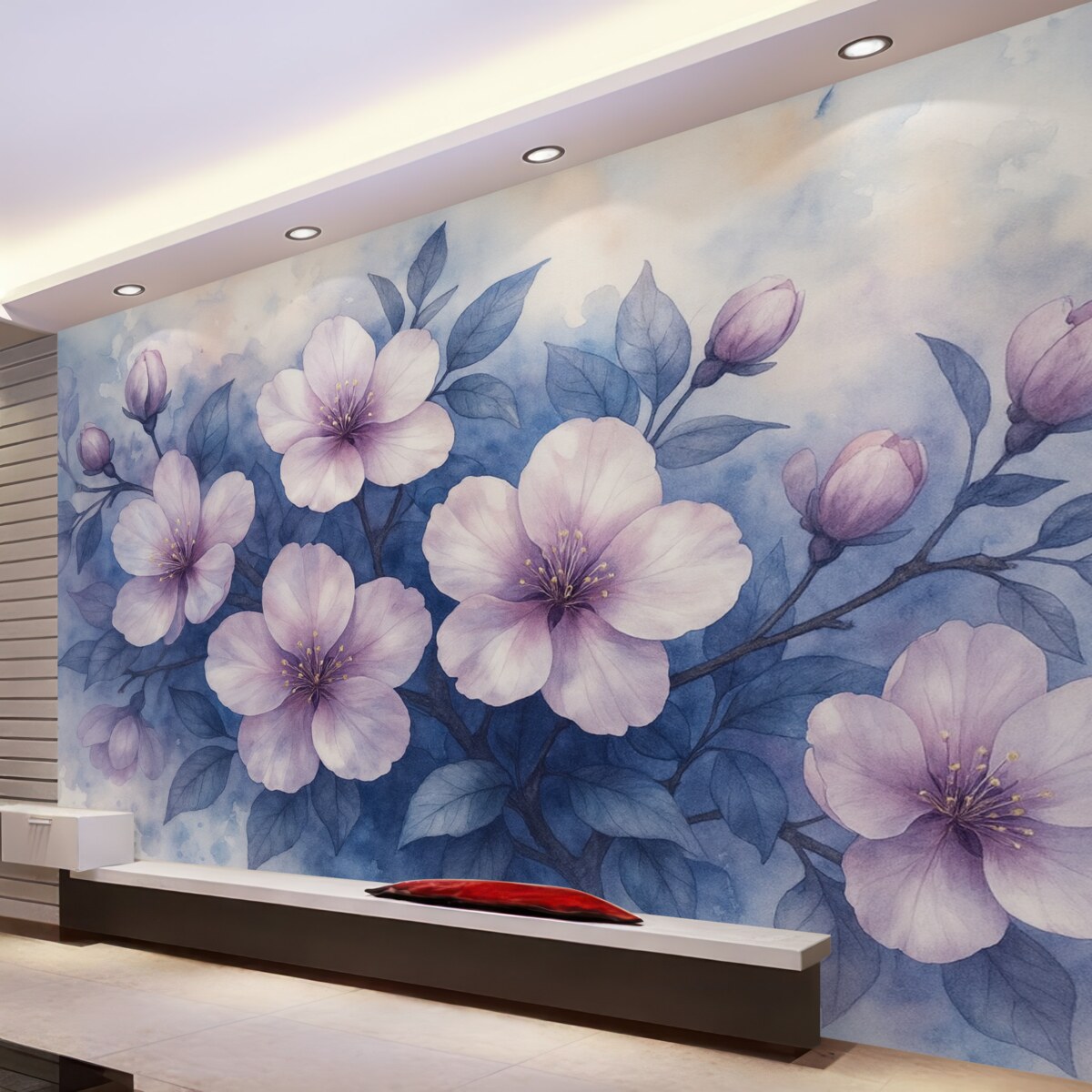 Fototapeta Subtelna akwarela przypominająca różowe i fioletowe kwiaty z gładkimi, zamglonymi płatkami na błękitnym tle.