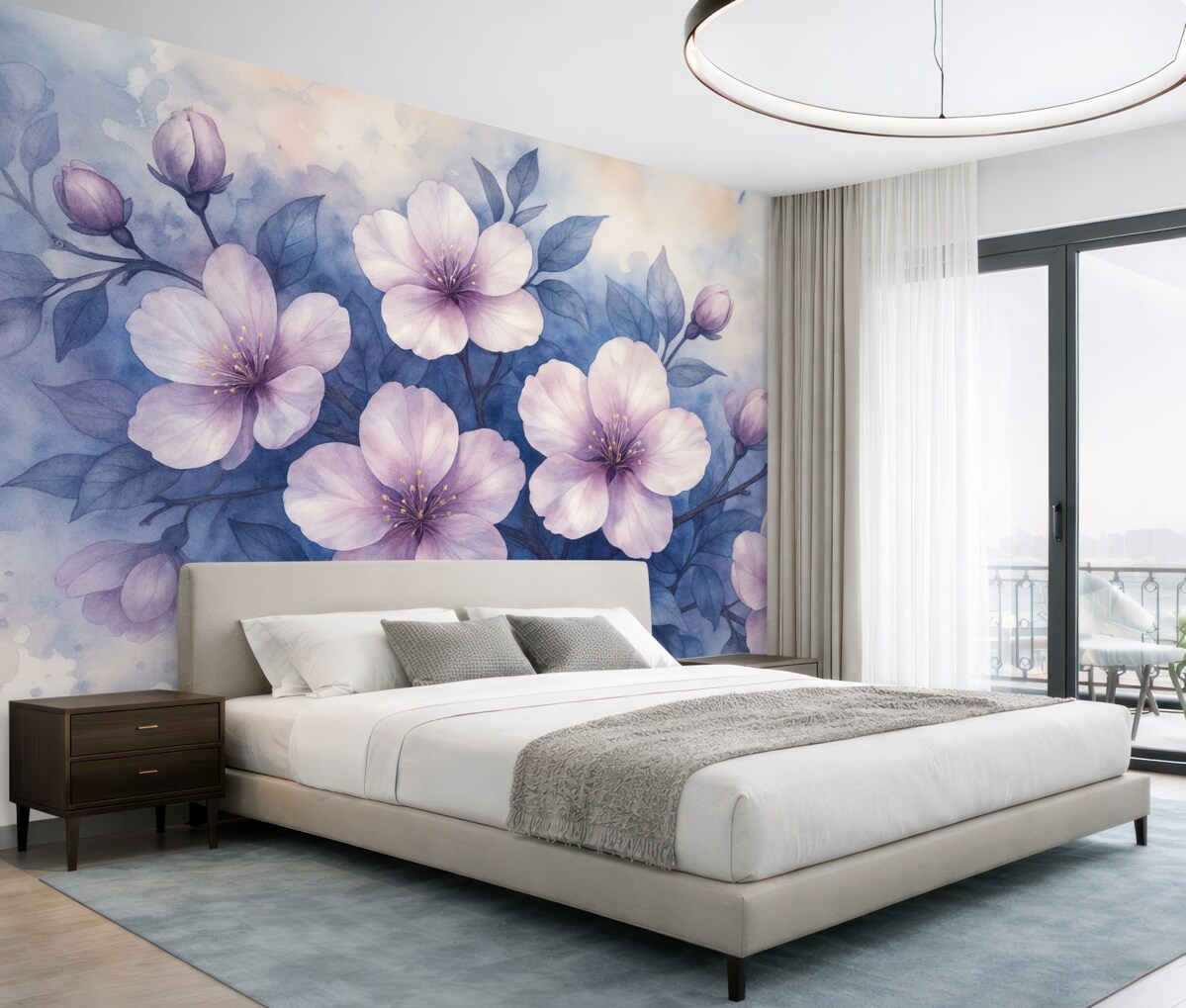 Fototapeta Subtelna akwarela przypominająca różowe i fioletowe kwiaty z gładkimi, zamglonymi płatkami na błękitnym tle.