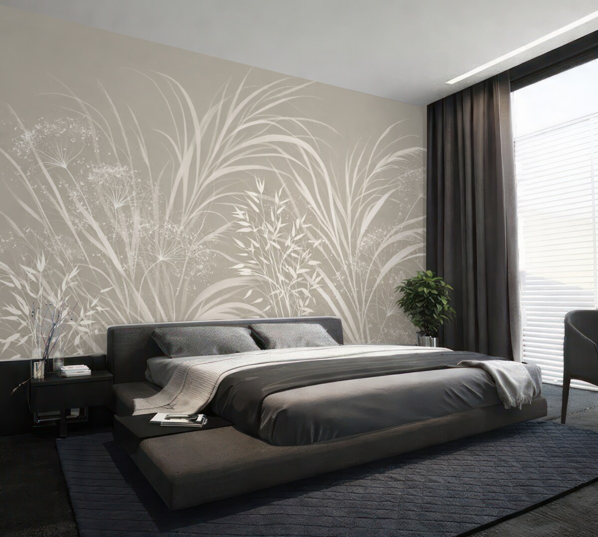 Fototapeta Subtelny, współczesny, minimalistyczny biały motyw kwiatowy na jasnym pastelowo-beżowym tle.