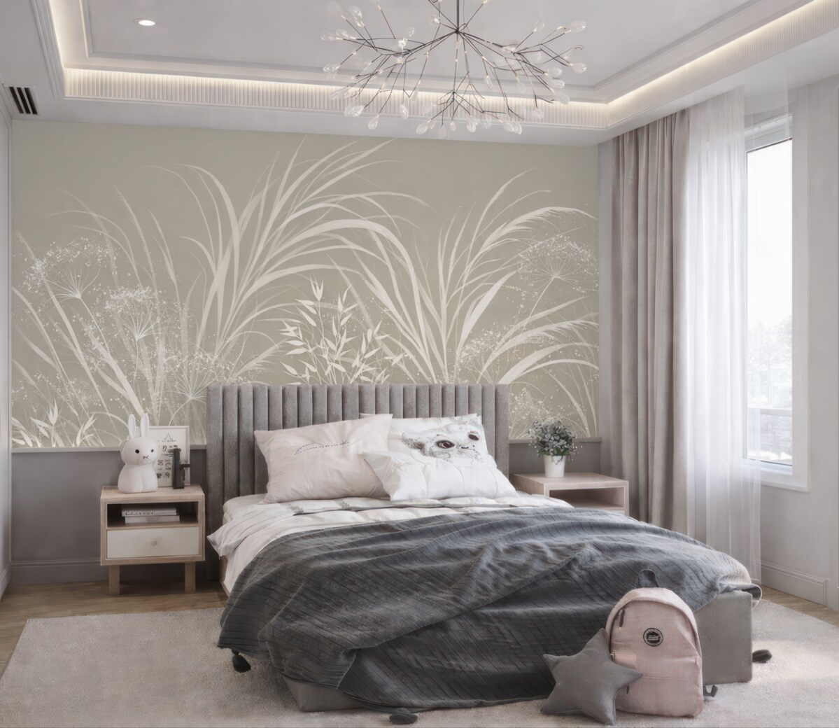 Fototapeta Subtelny, współczesny, minimalistyczny biały motyw kwiatowy na jasnym pastelowo-beżowym tle.