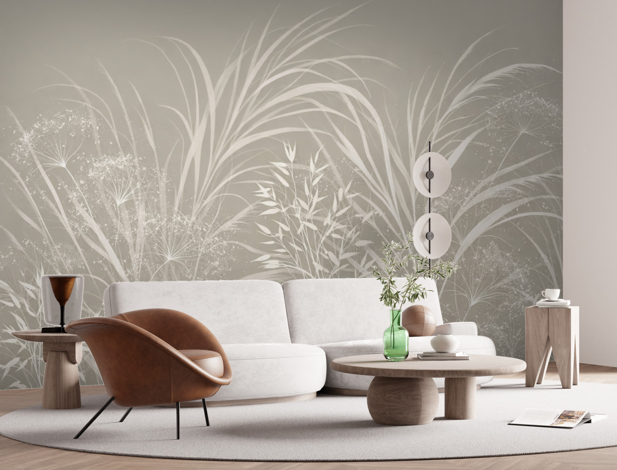 Fototapeta Subtelny, współczesny, minimalistyczny biały motyw kwiatowy na jasnym pastelowo-beżowym tle.