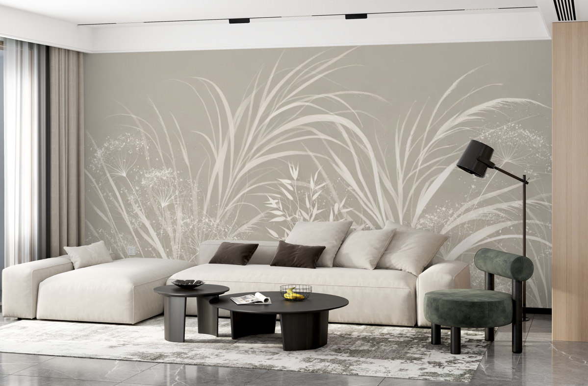 Fototapeta Subtelny, współczesny, minimalistyczny biały motyw kwiatowy na jasnym pastelowo-beżowym tle.