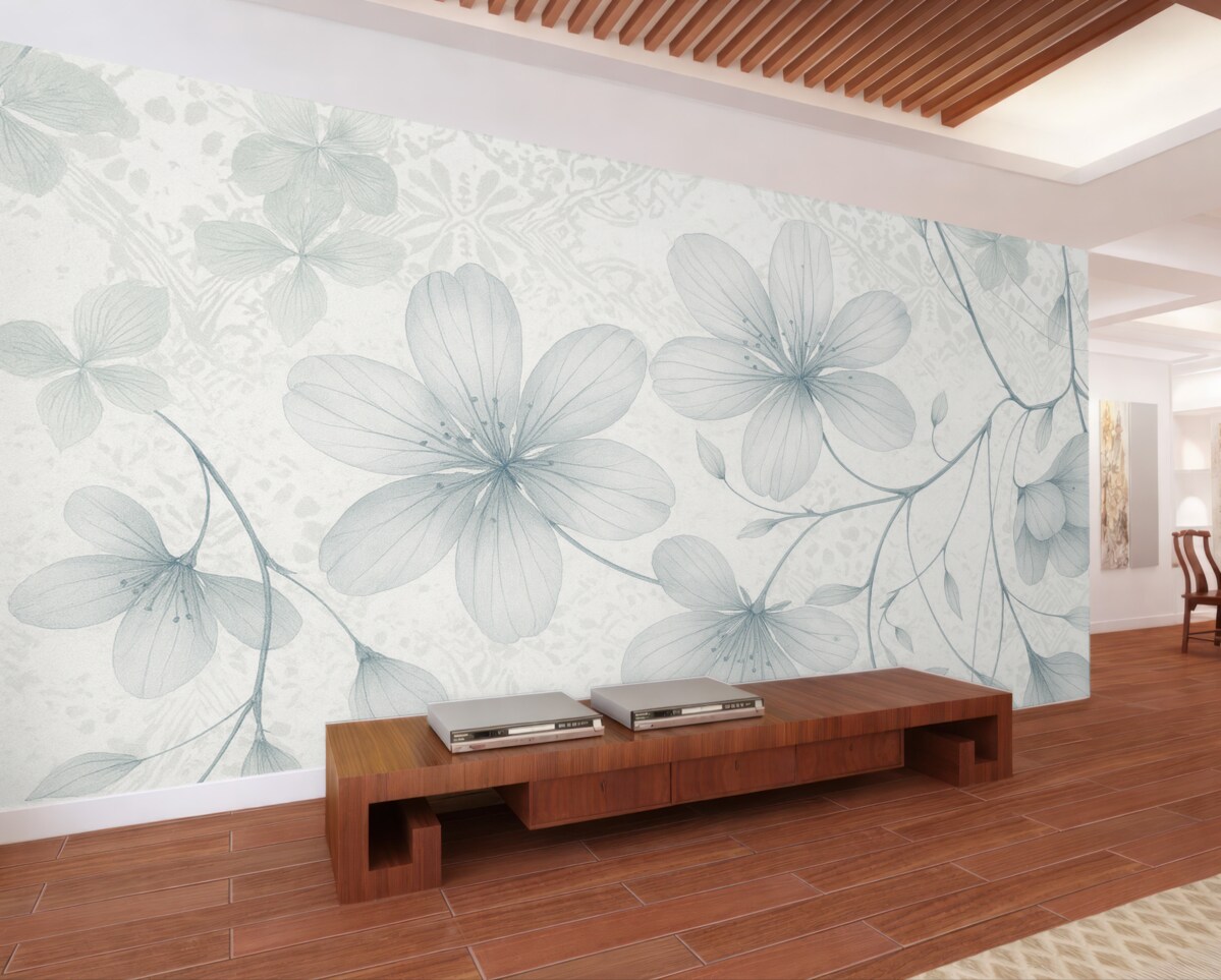 Fototapeta Subtelne niebieskie i białe kwiaty z długimi łodygami oraz płatkami na delikatnym, rozmytym teksturowanym tle.