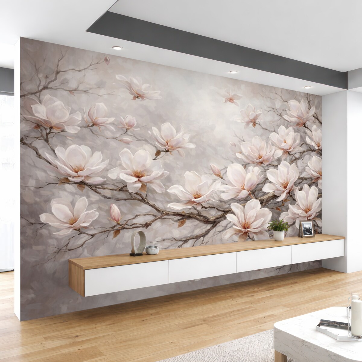 Fototapeta Subtelne różowe kwiaty magnolii rozkwitające na odsłoniętych konarach drzew na łagodnym, przydymionym tle.