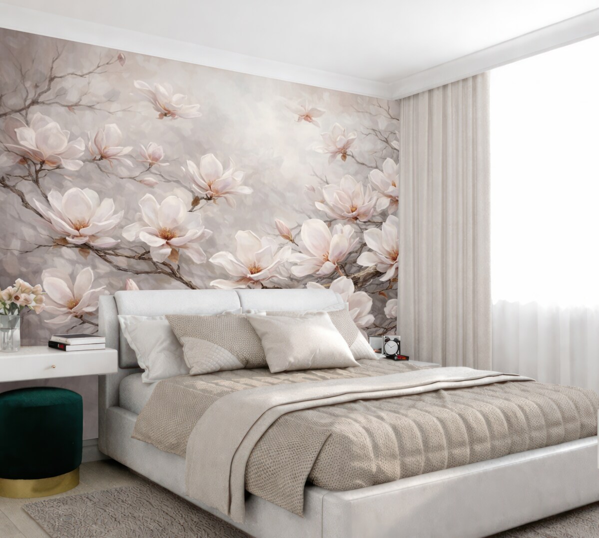 Fototapeta Subtelne różowe kwiaty magnolii rozkwitające na odsłoniętych konarach drzew na łagodnym, przydymionym tle.