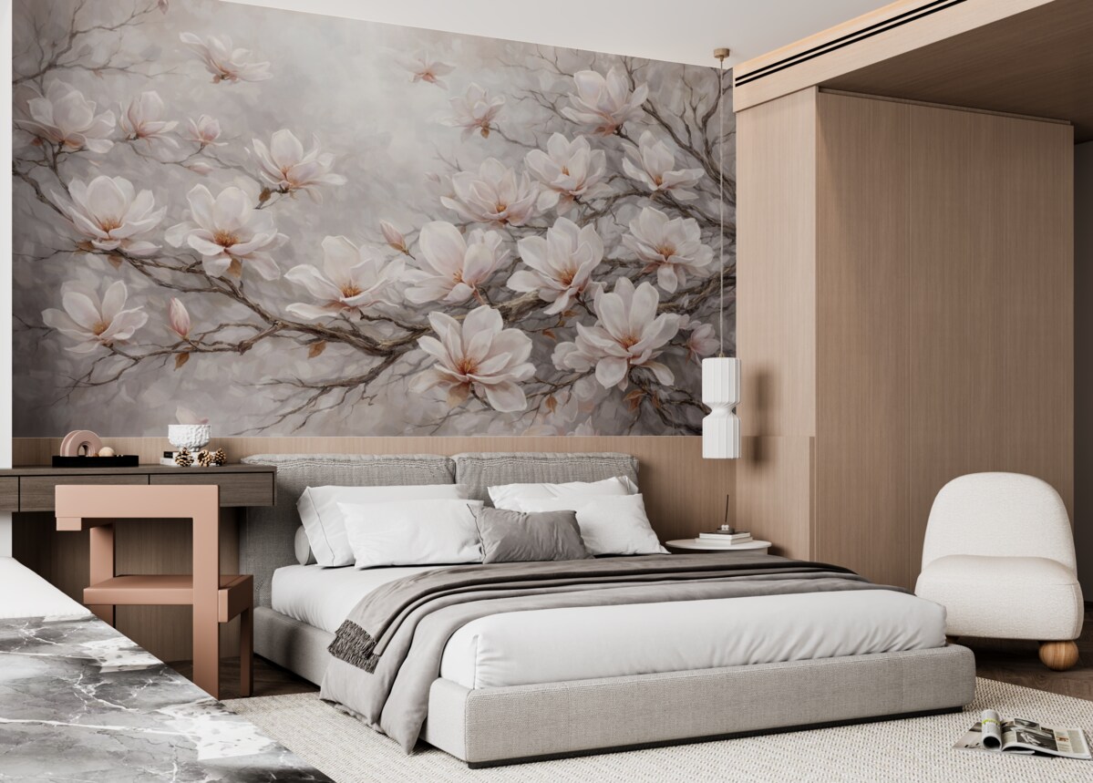 Fototapeta Subtelne różowe kwiaty magnolii rozkwitające na odsłoniętych konarach drzew na łagodnym, przydymionym tle.