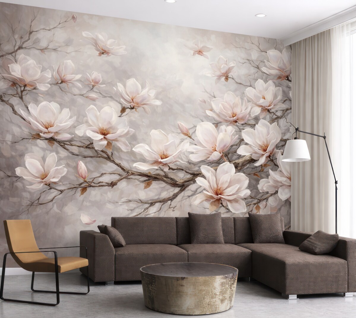 Fototapeta Subtelne różowe kwiaty magnolii rozkwitające na odsłoniętych konarach drzew na łagodnym, przydymionym tle.