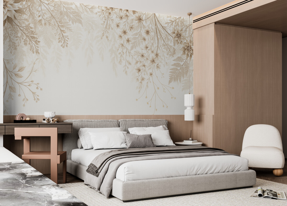 Fototapeta Delikatne roślinne gałązki oraz trawa z białymi, szarymi i beżowymi kwiatami spływającymi kaskadowo na jasnym tle.