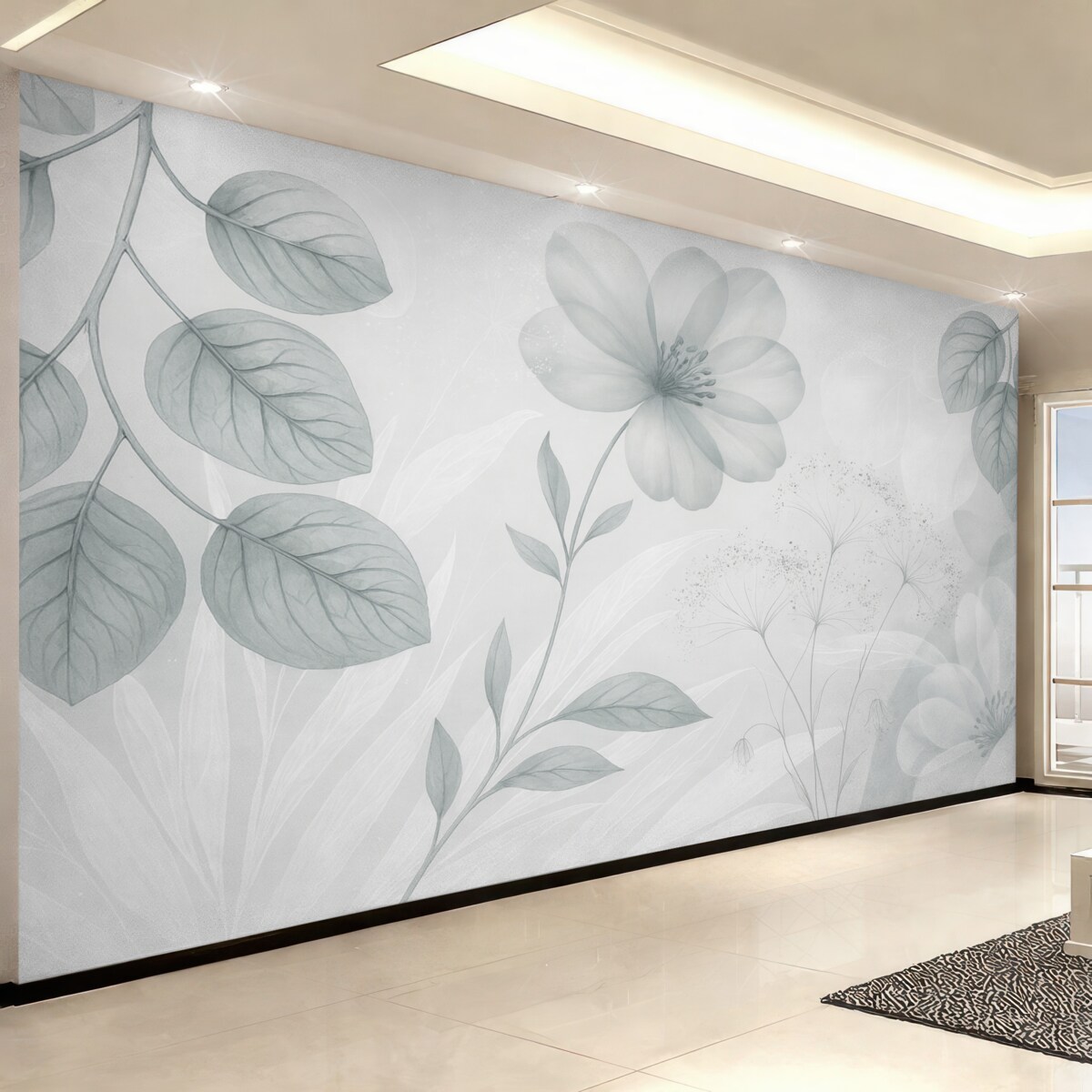 Fototapeta Kwiatowe detale eukaliptusa w tonacjach niebieskiego i białego z nachodzącymi na siebie liśćmi oraz płatkami w oszczędnym stylu.