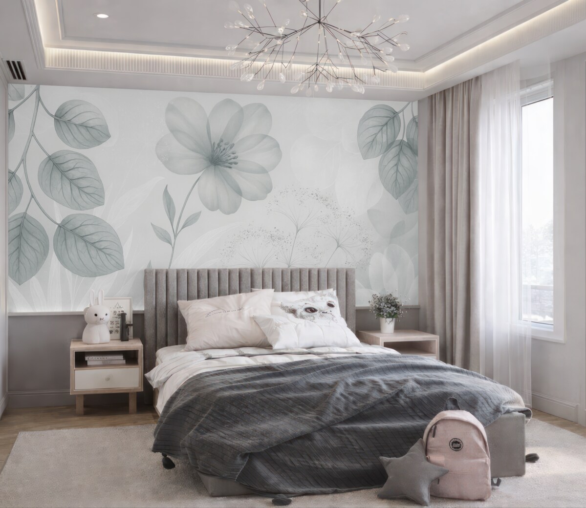 Fototapeta Kwiatowe detale eukaliptusa w tonacjach niebieskiego i białego z nachodzącymi na siebie liśćmi oraz płatkami w oszczędnym stylu.