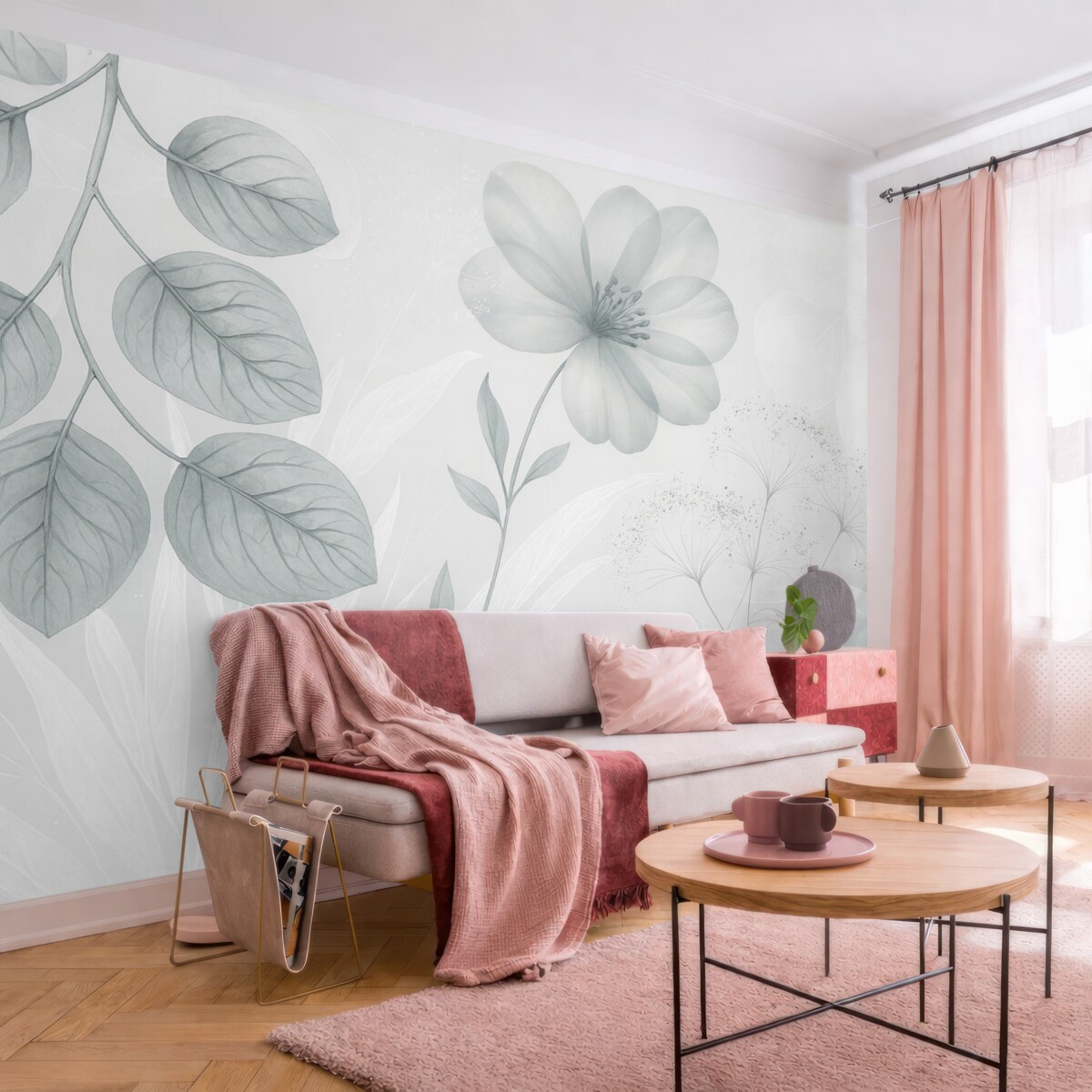 Fototapeta Kwiatowe detale eukaliptusa w tonacjach niebieskiego i białego z nachodzącymi na siebie liśćmi oraz płatkami w oszczędnym stylu.